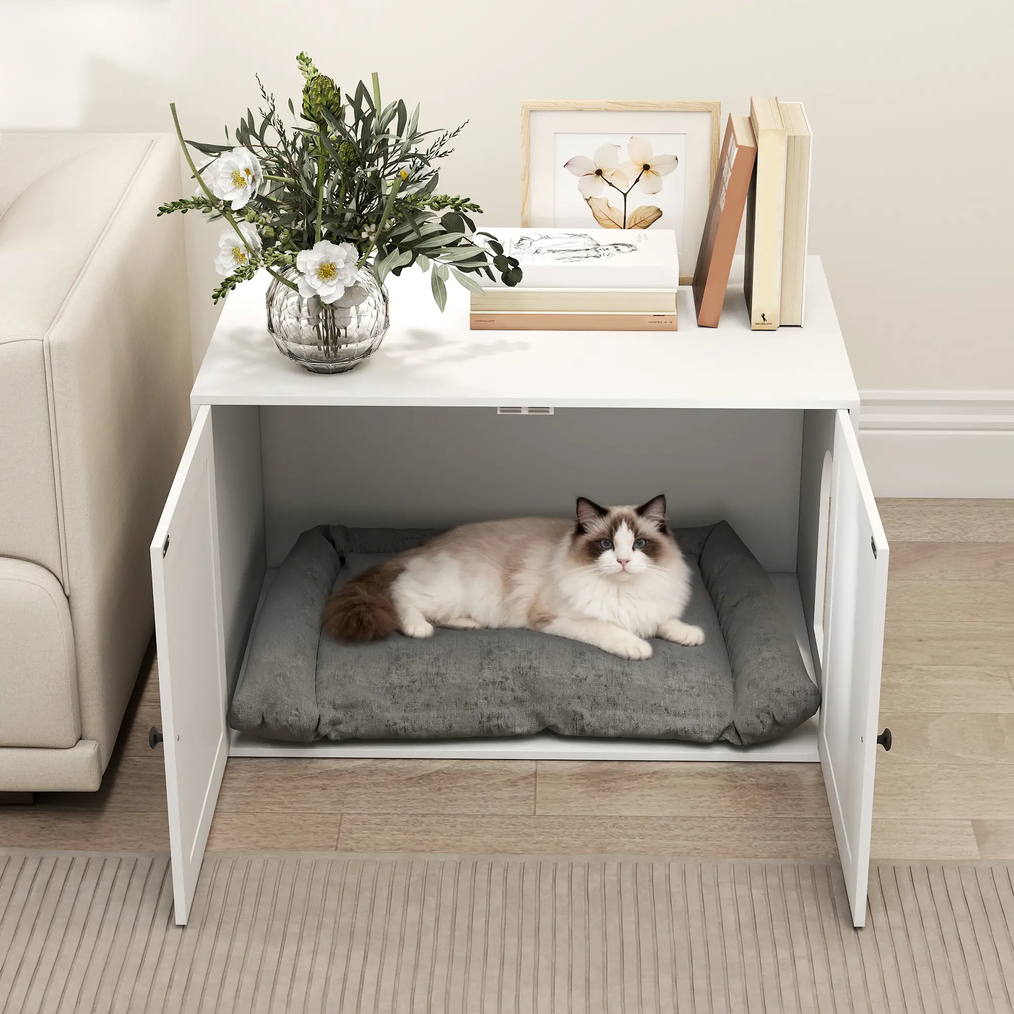 Cat Litter Box Enclosure, Double Doors, Handles, 31.5" x 21" x 20", White - Image 9