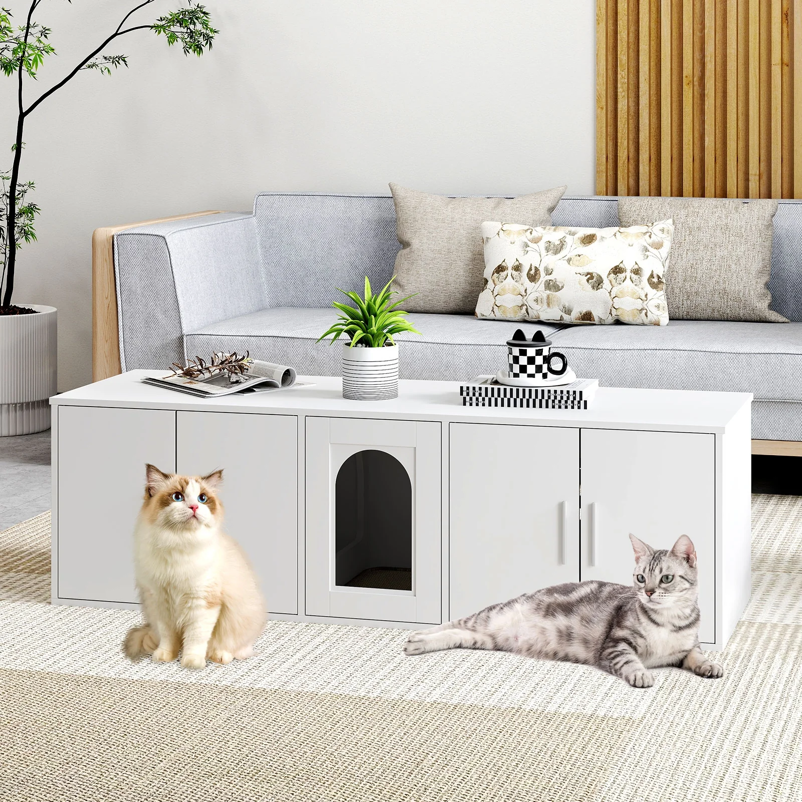 Cat Litter Box Enclosure, Double Rooms, Sisal Scratching Mat, White - Image 2
