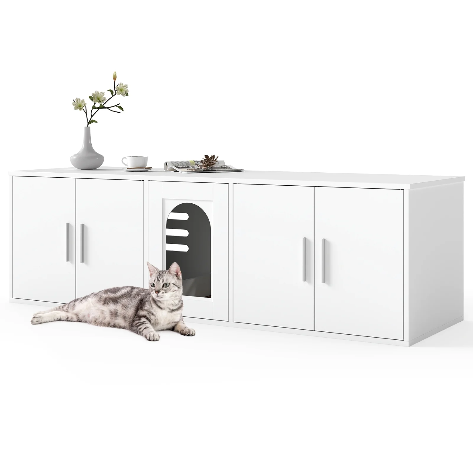 Cat Litter Box Enclosure, Double Rooms, Sisal Scratching Mat, White - Image 5