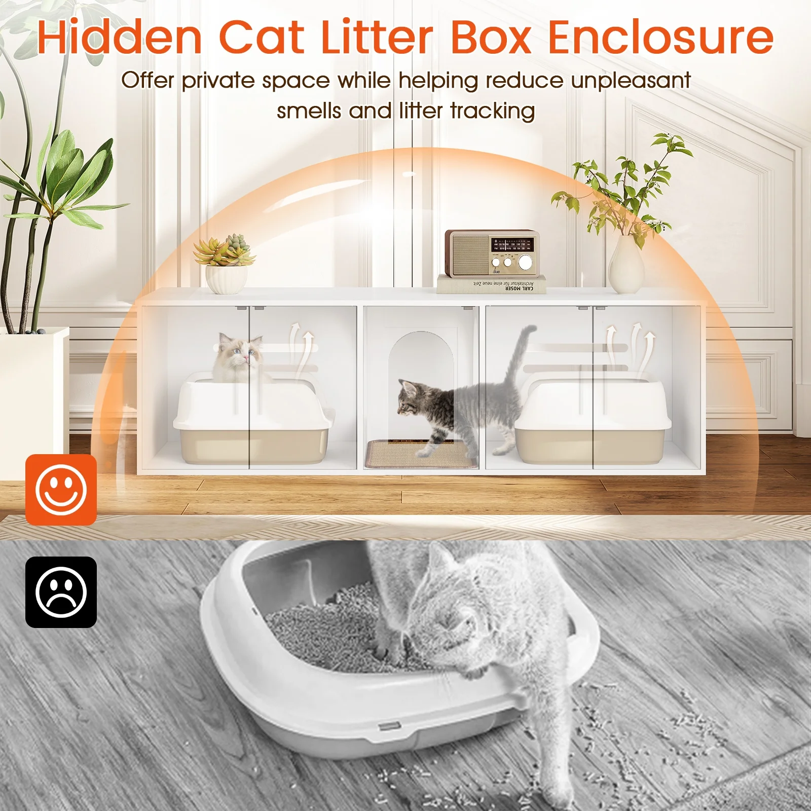 Cat Litter Box Enclosure, Double Rooms, Sisal Scratching Mat, White - Image 8