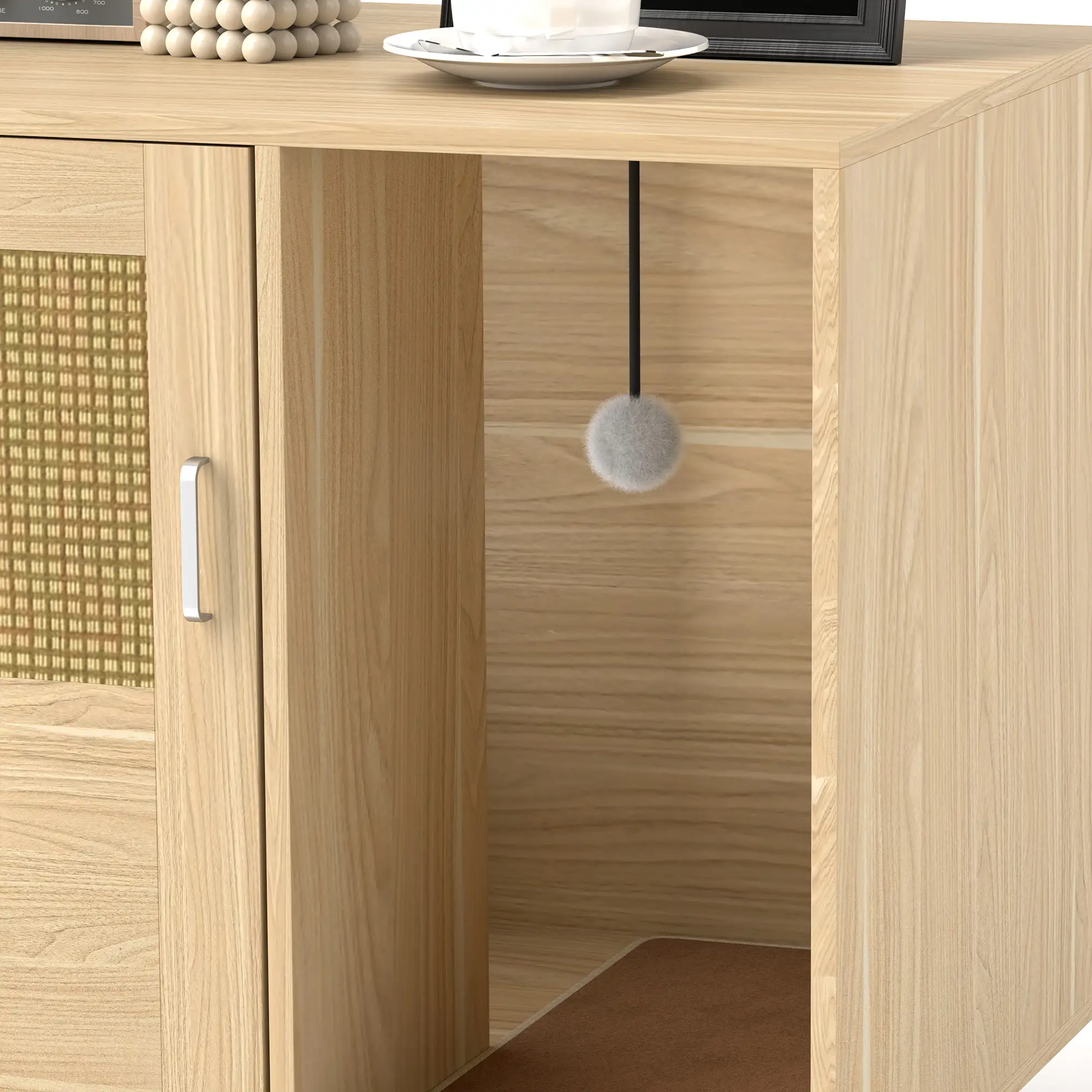 Cat Litter Box Enclosure, End Side Table, Rattan Door, Scratching Pad, Oak - Image 10