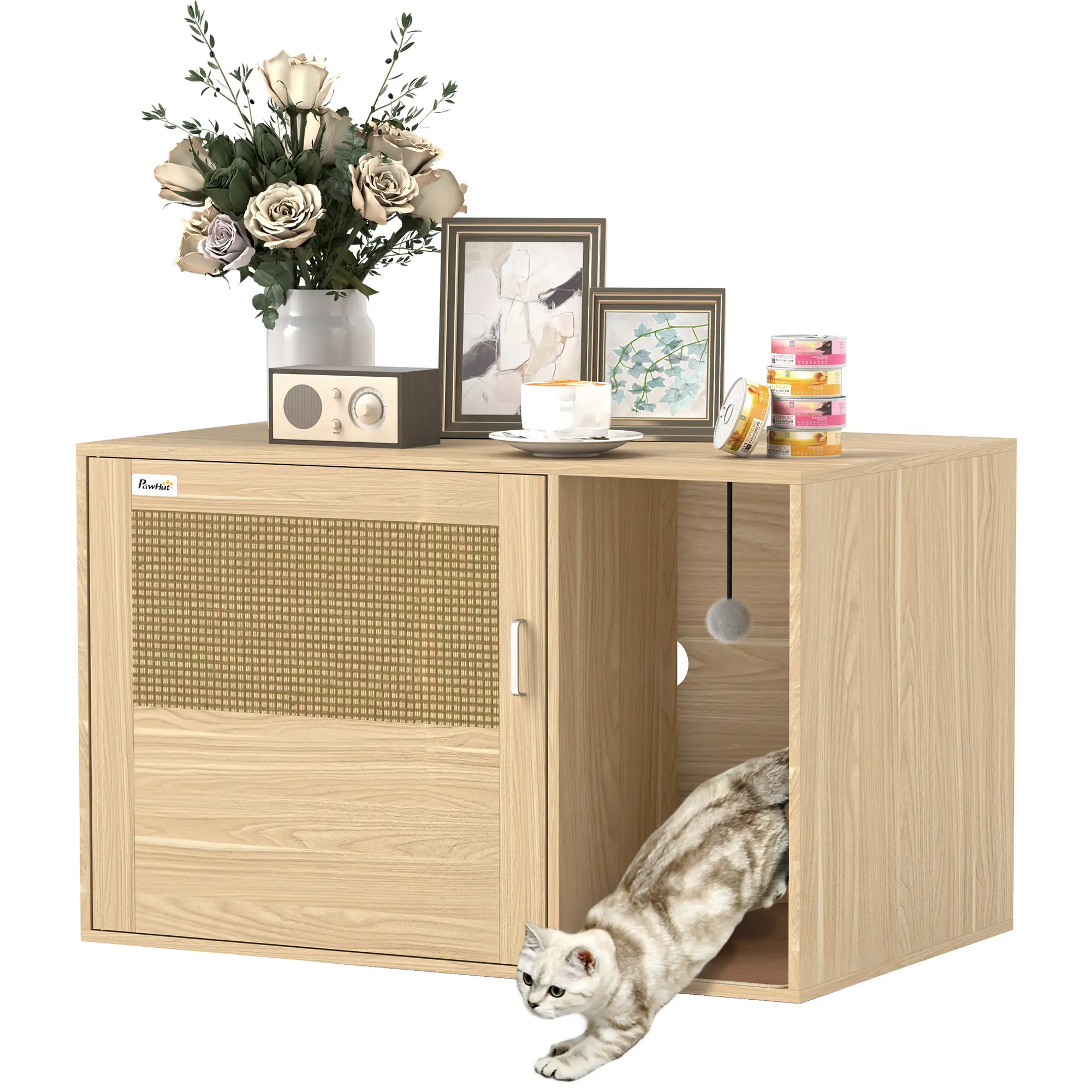 Cat Litter Box Enclosure, End Side Table, Rattan Door, Scratching Pad, Oak - Image 11