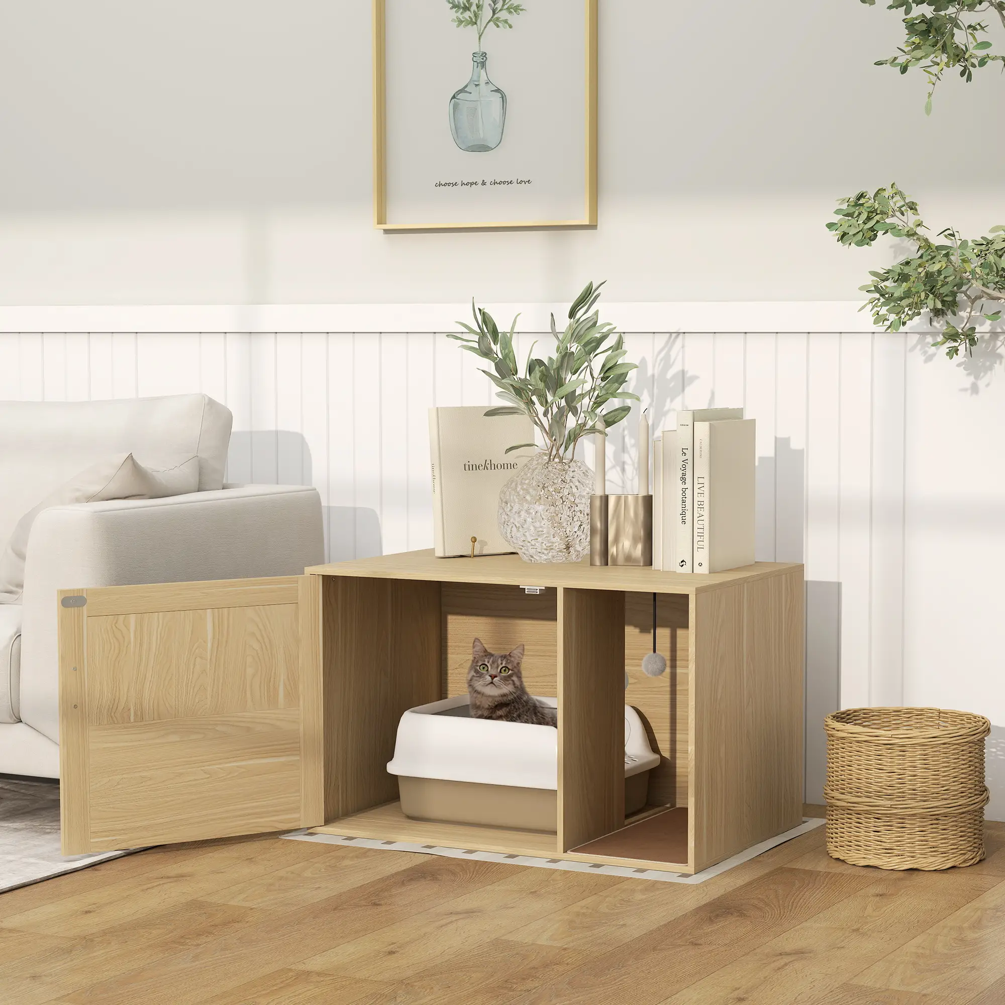 Cat Litter Box Enclosure, End Side Table, Rattan Door, Scratching Pad, Oak - Image 2