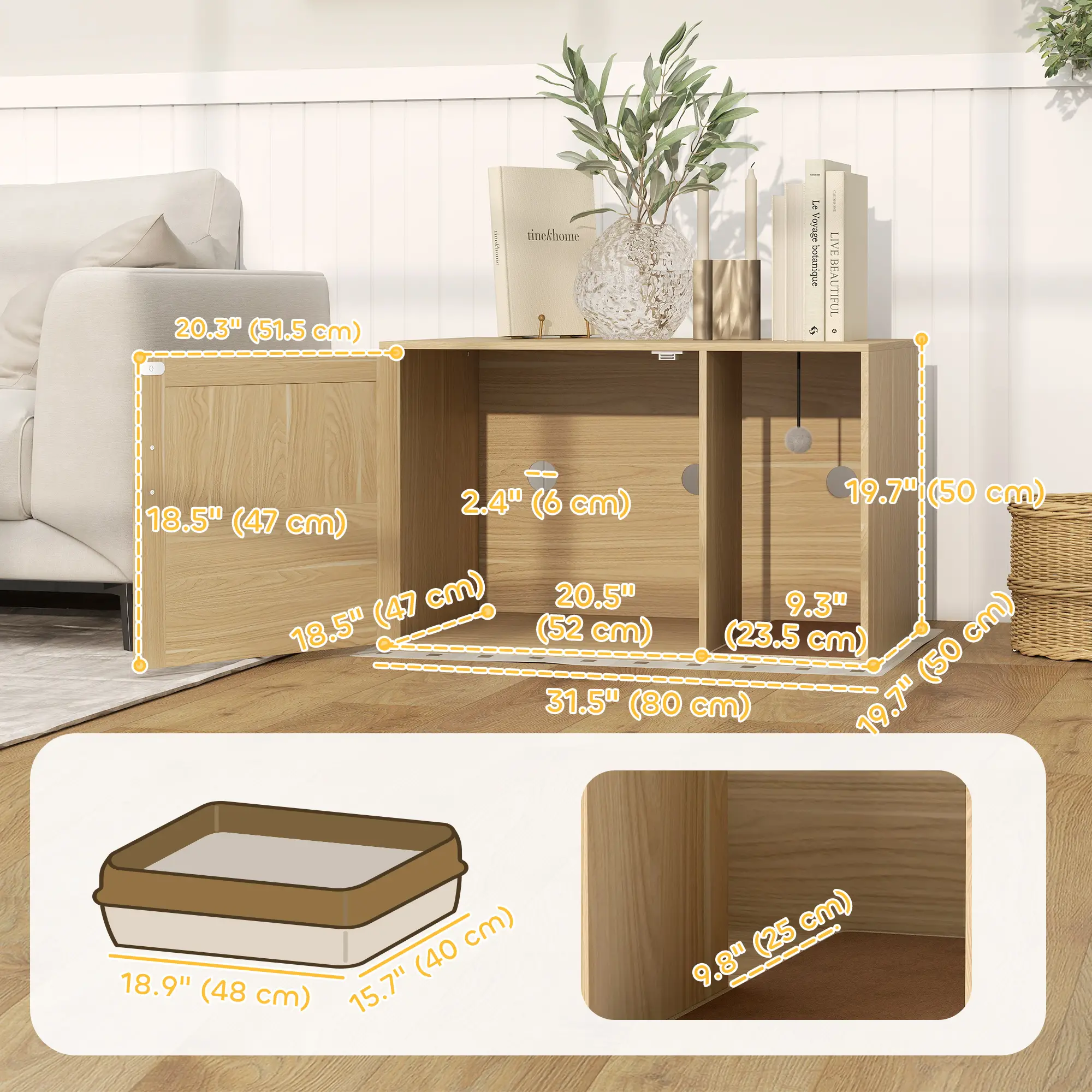 Cat Litter Box Enclosure, End Side Table, Rattan Door, Scratching Pad, Oak - Image 3