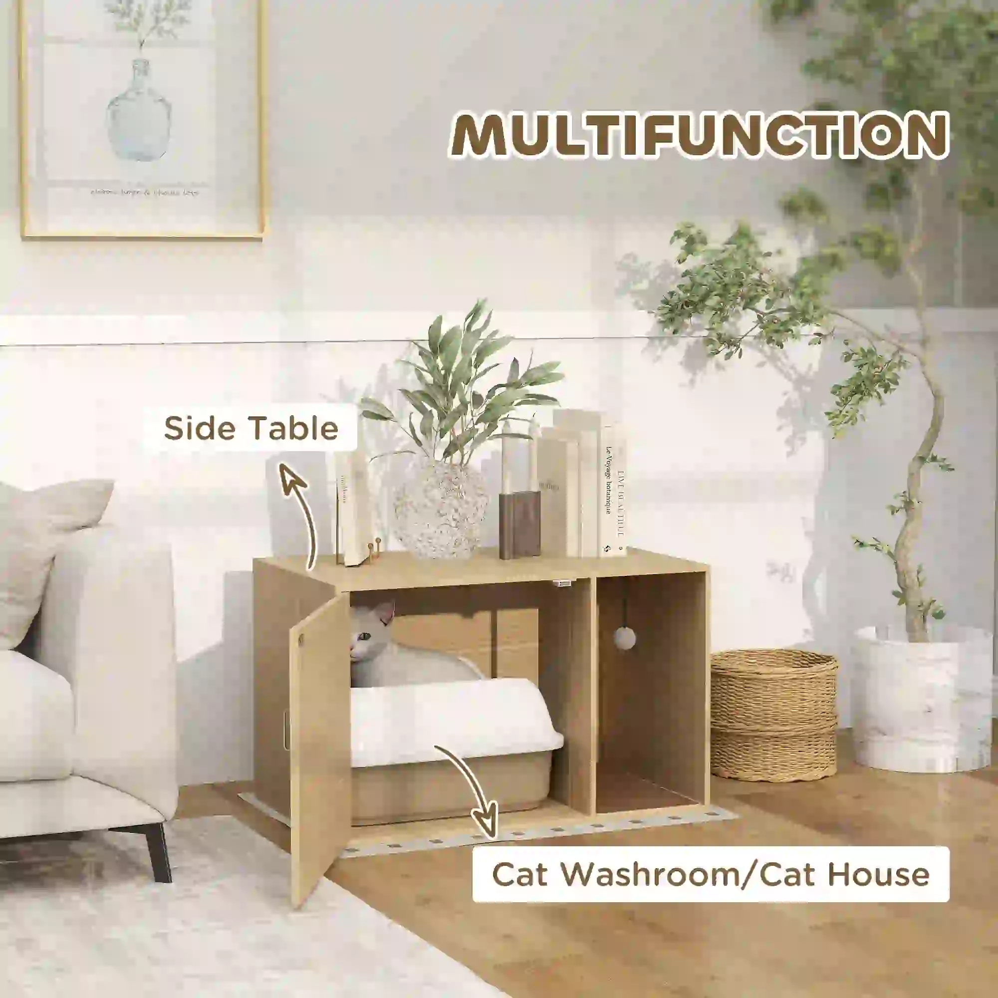 Cat Litter Box Enclosure, End Side Table, Rattan Door, Scratching Pad, Oak - Image 4