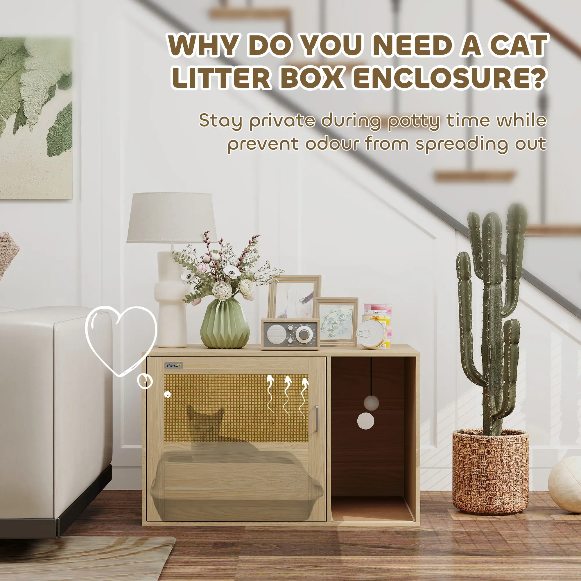 Cat Litter Box Enclosure, End Side Table, Rattan Door, Scratching Pad, Oak - Image 5