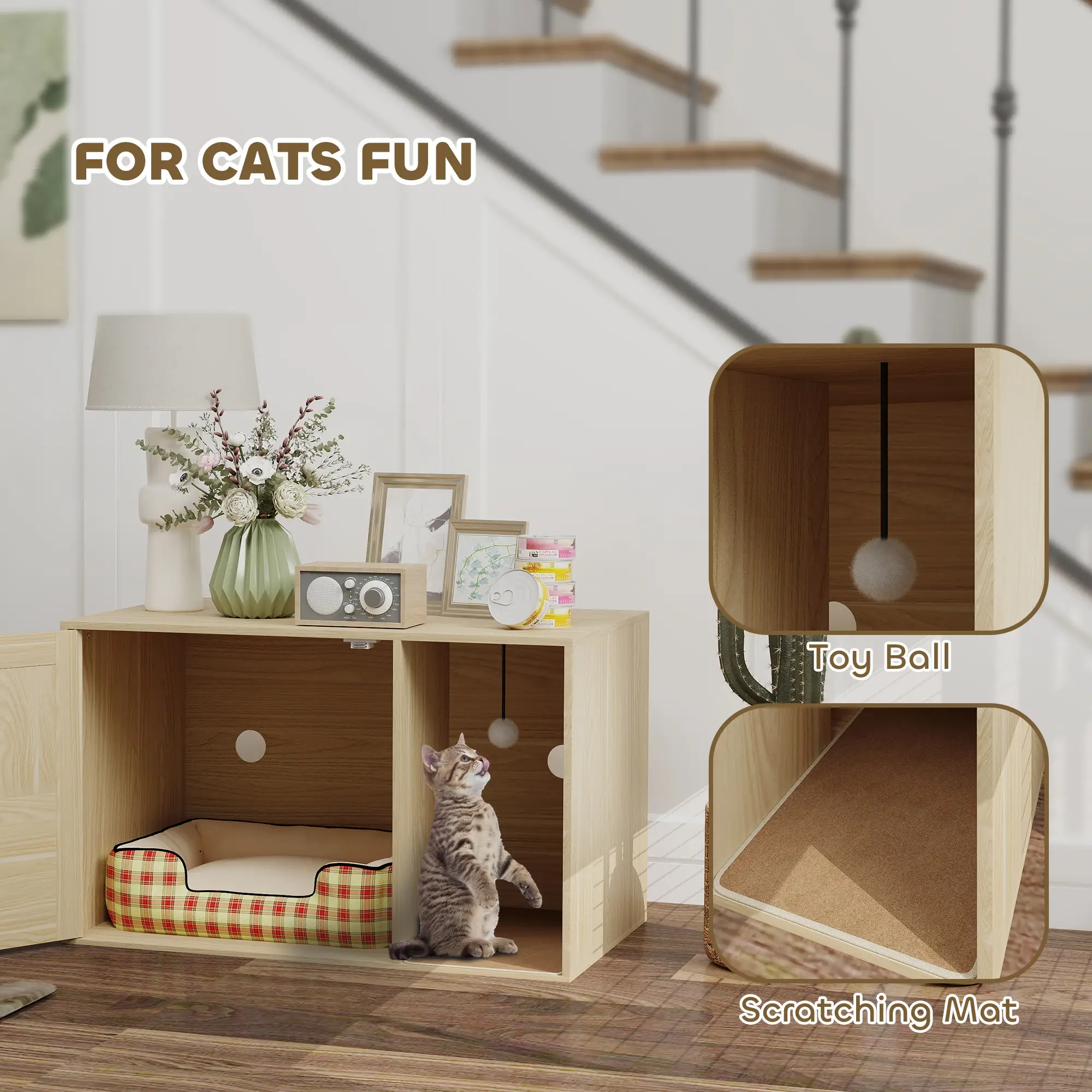 Cat Litter Box Enclosure, End Side Table, Rattan Door, Scratching Pad, Oak - Image 7