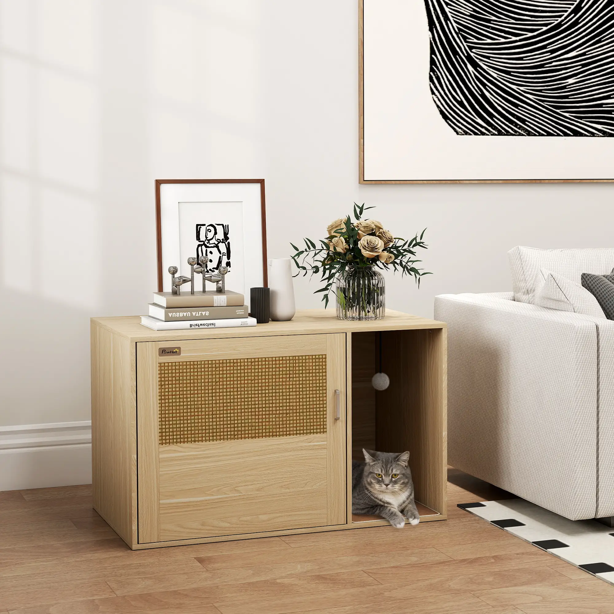 Cat Litter Box Enclosure, End Side Table, Rattan Door, Scratching Pad, Oak - Image 8