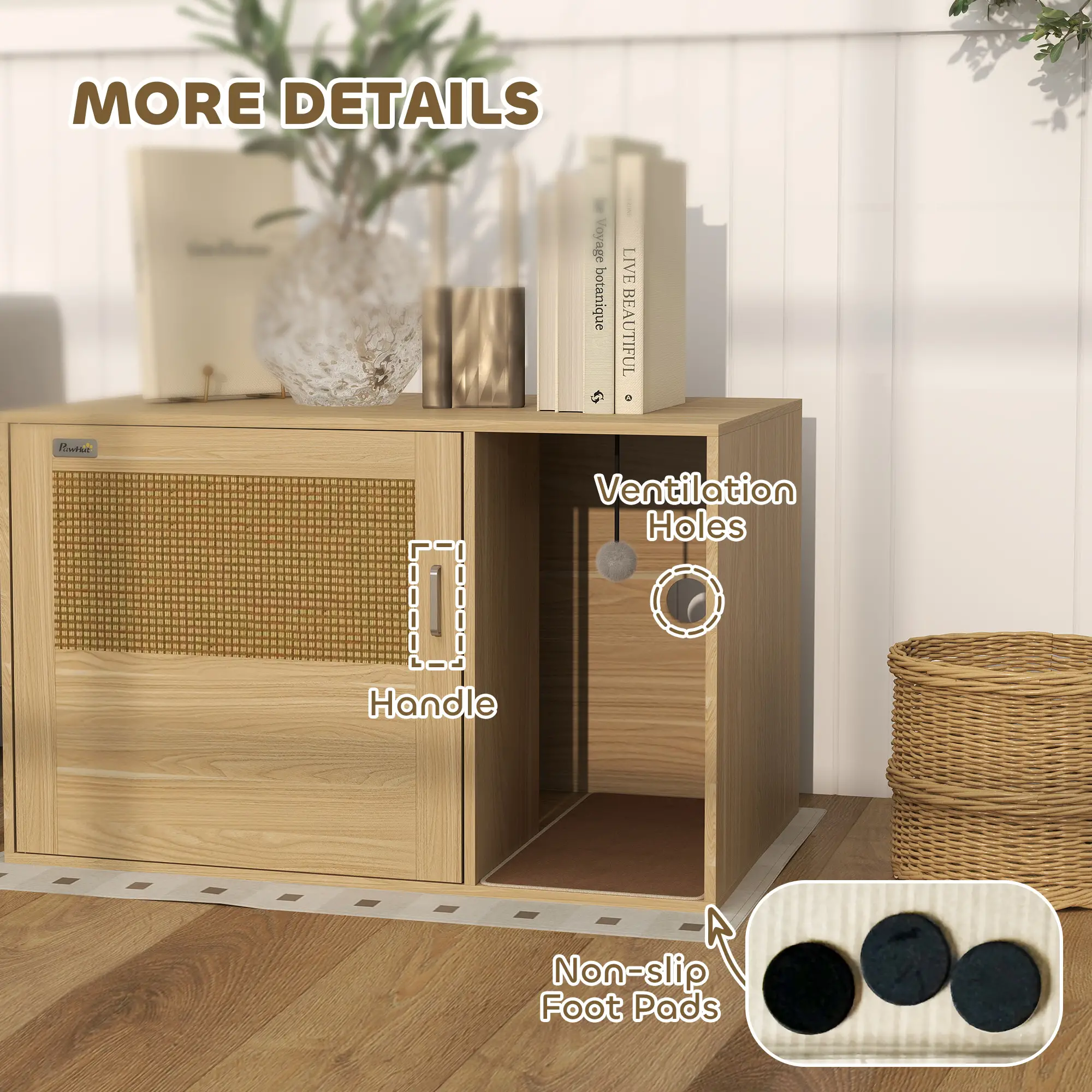 Cat Litter Box Enclosure, End Side Table, Rattan Door, Scratching Pad, Oak - Image 9
