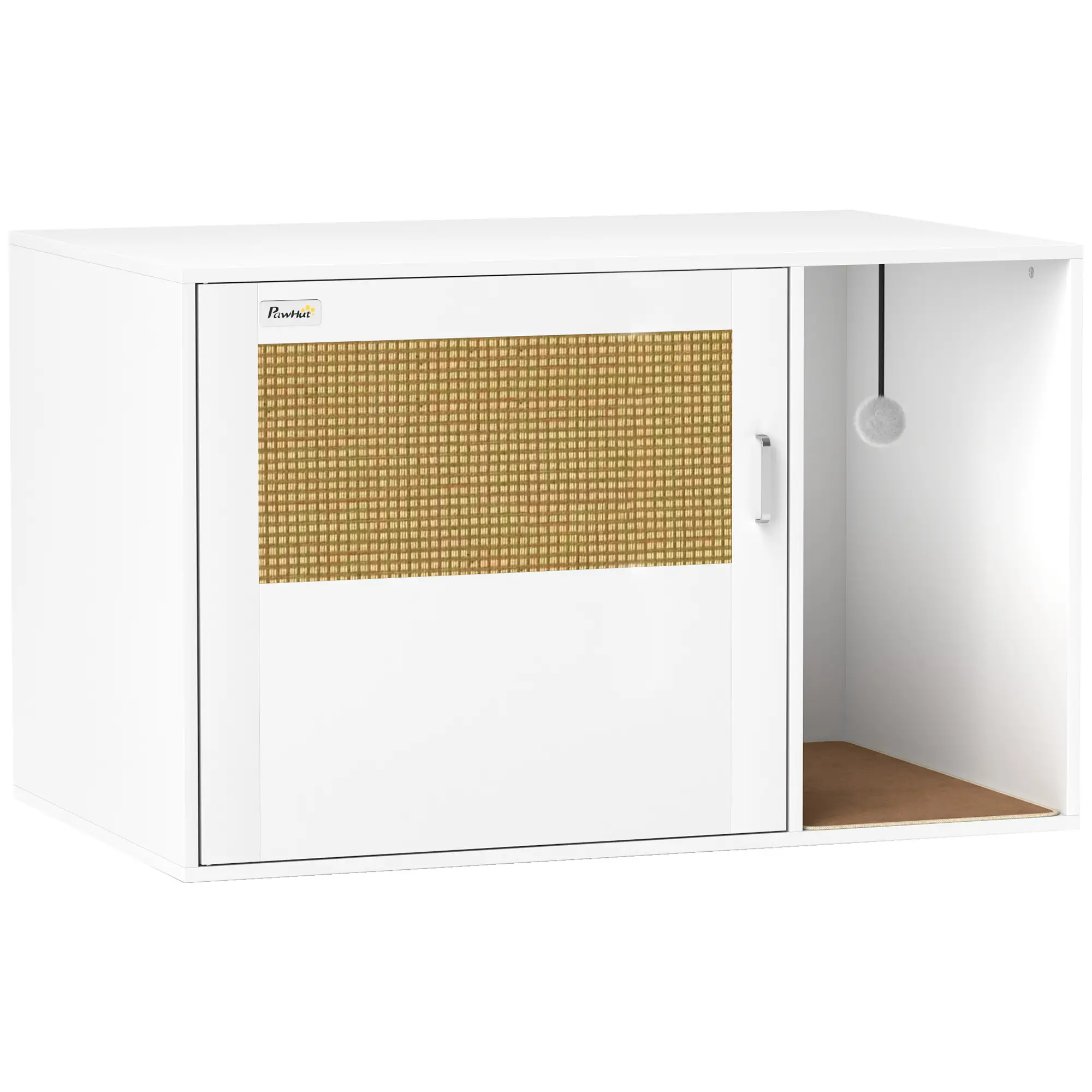 Cat Litter Box Enclosure, End Side Table with Rattan Door, Scratching Pad, White
