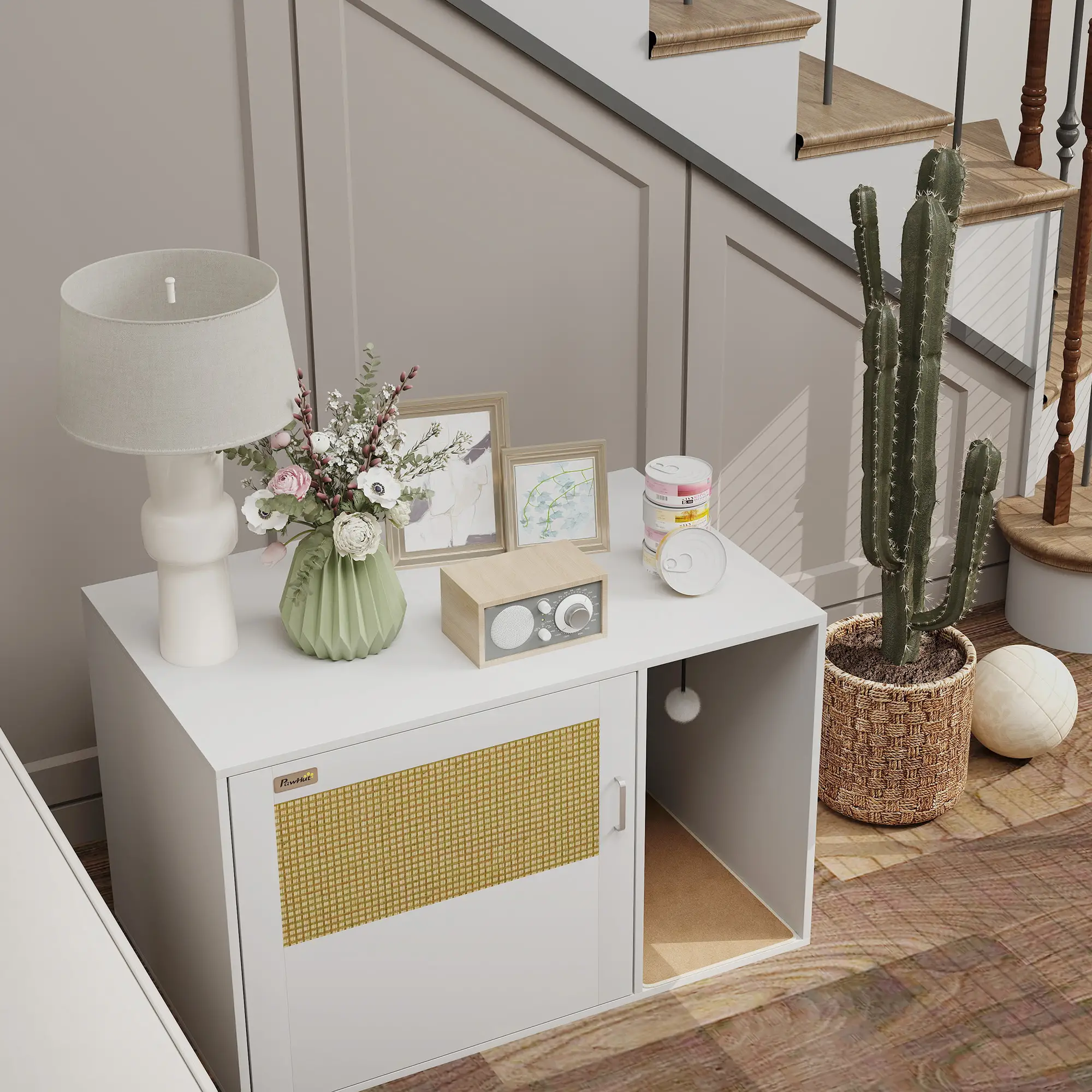 Cat Litter Box Enclosure, End Side Table with Rattan Door, Scratching Pad, White - Image 10