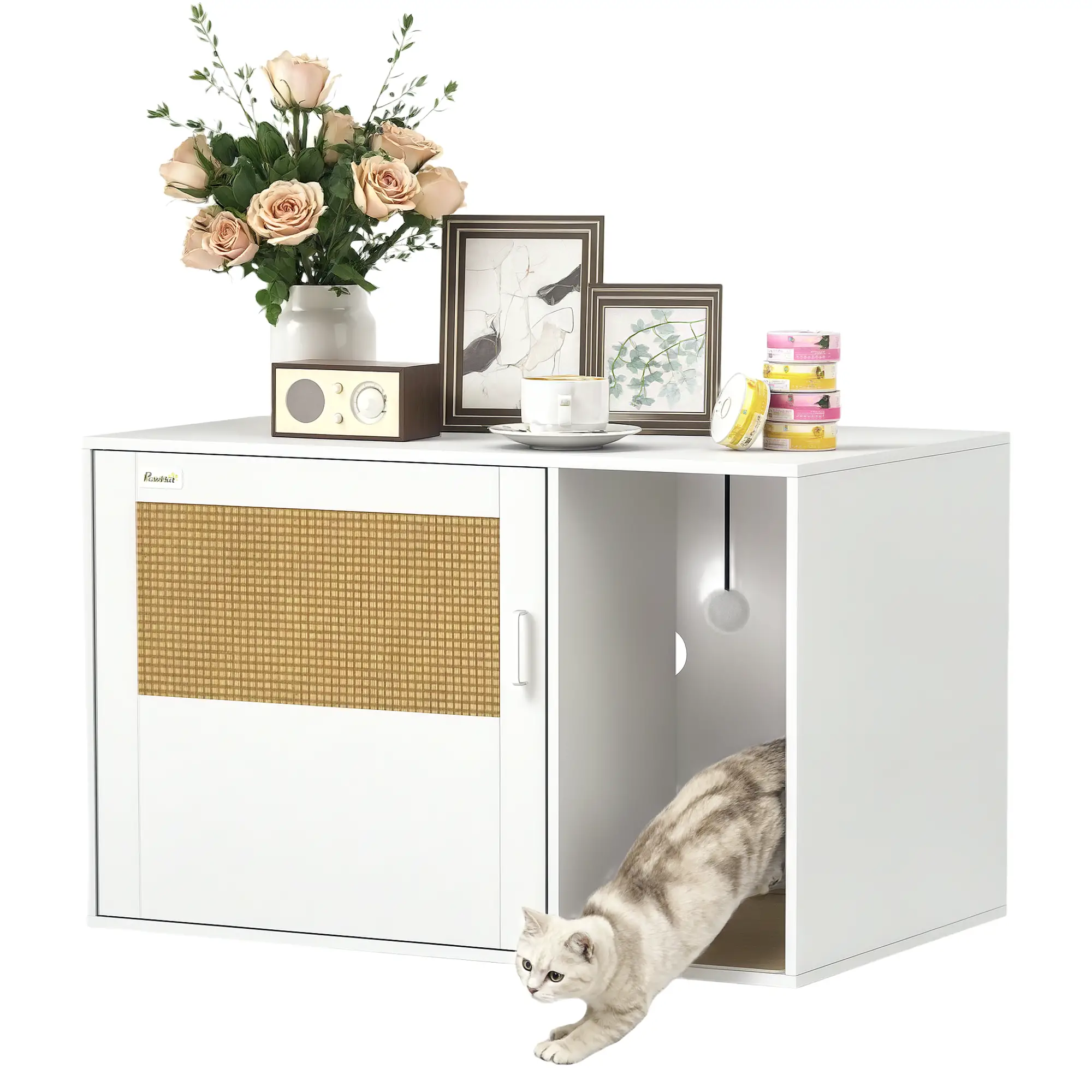 Cat Litter Box Enclosure, End Side Table with Rattan Door, Scratching Pad, White - Image 11