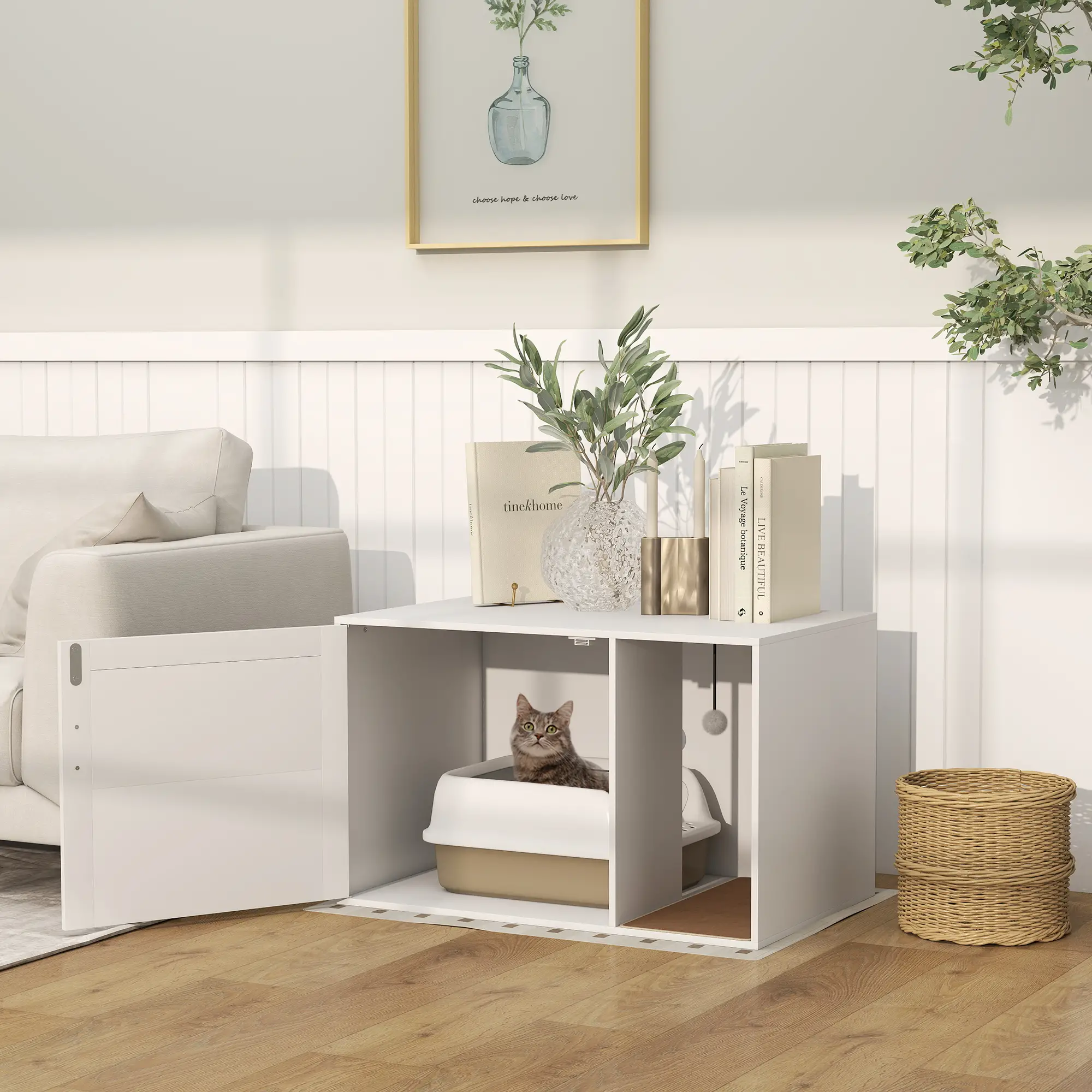 Cat Litter Box Enclosure, End Side Table with Rattan Door, Scratching Pad, White - Image 2