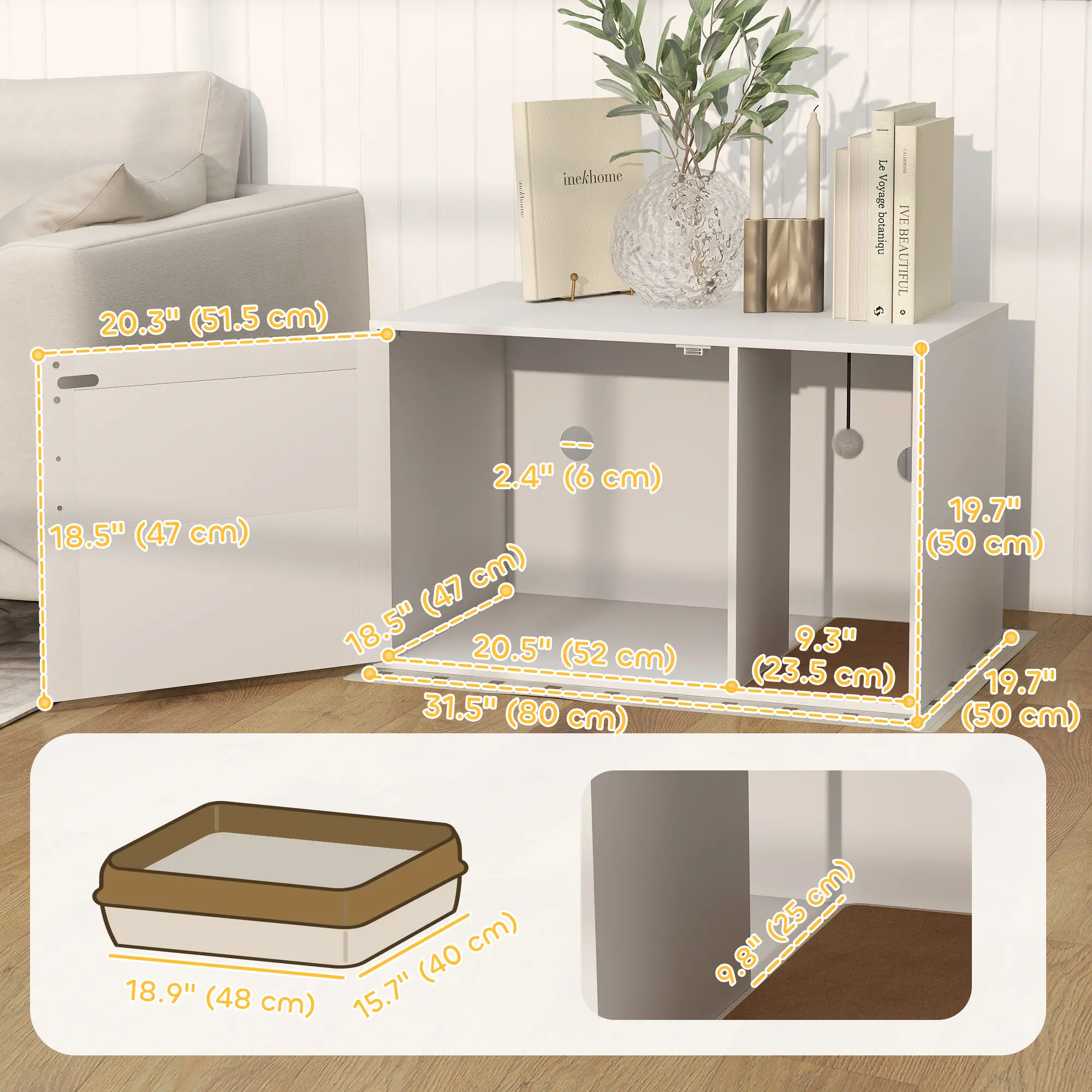 Cat Litter Box Enclosure, End Side Table with Rattan Door, Scratching Pad, White - Image 3