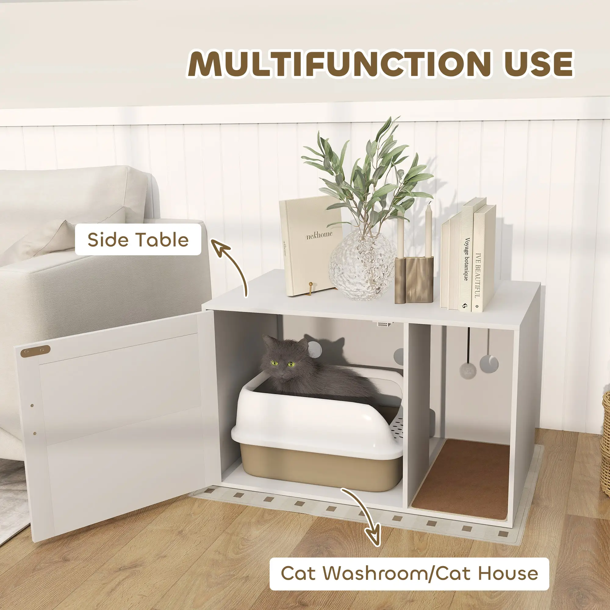 Cat Litter Box Enclosure, End Side Table with Rattan Door, Scratching Pad, White - Image 4