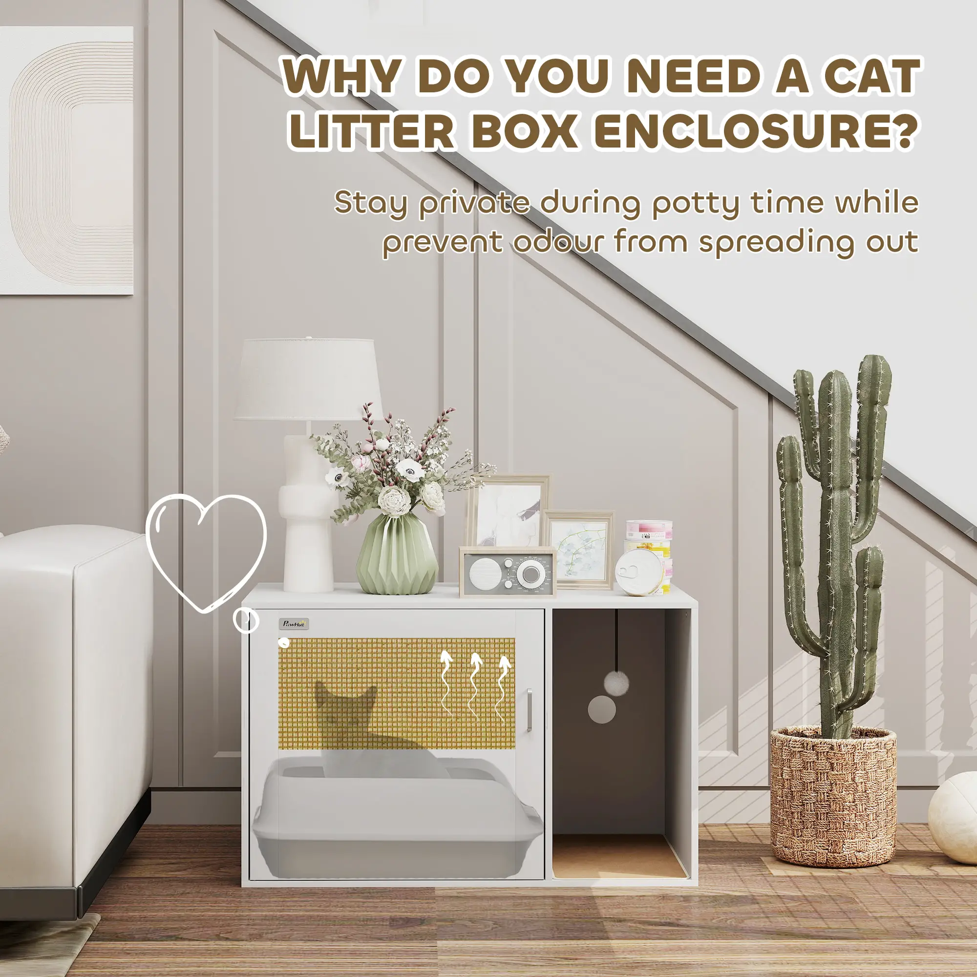 Cat Litter Box Enclosure, End Side Table with Rattan Door, Scratching Pad, White - Image 5
