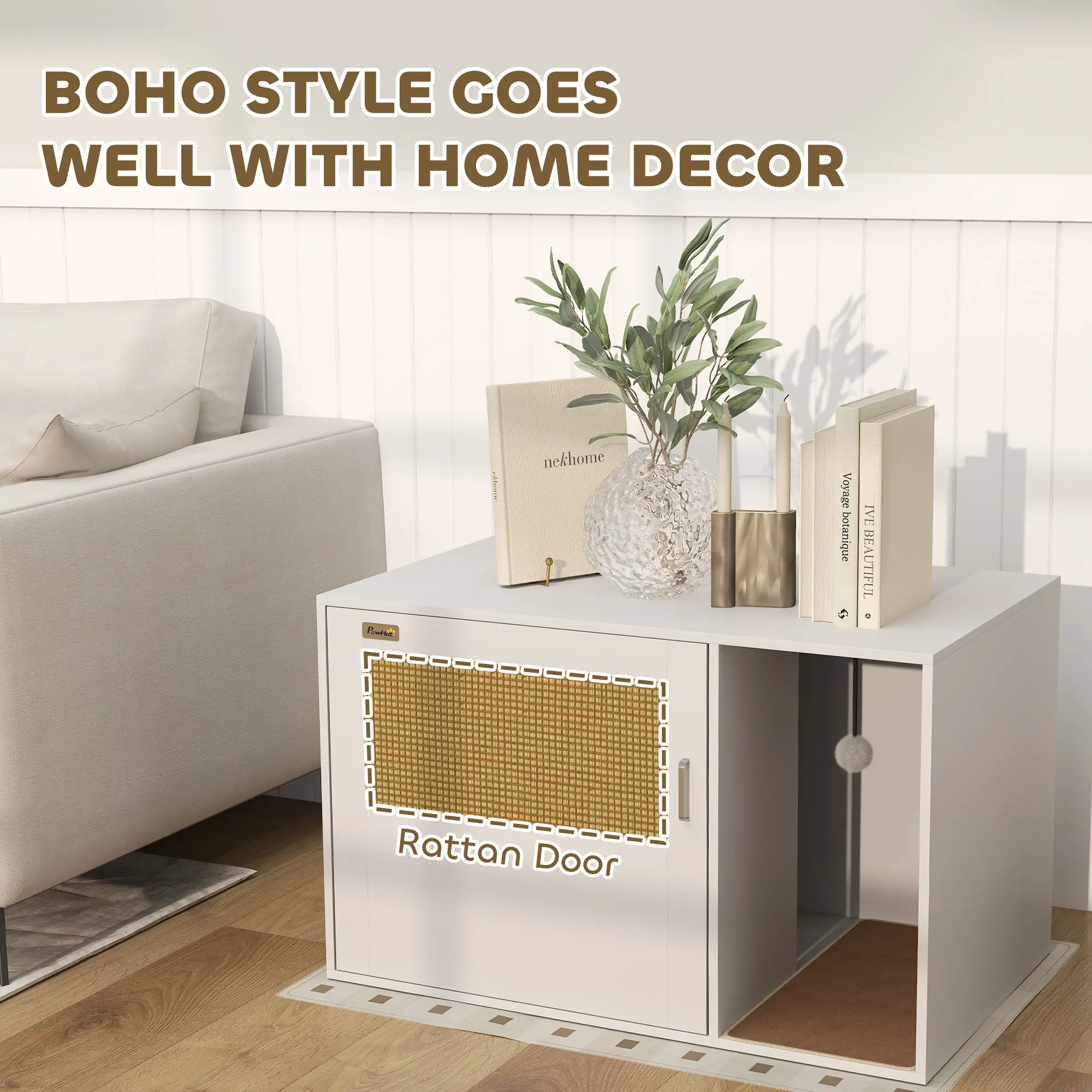 Cat Litter Box Enclosure, End Side Table with Rattan Door, Scratching Pad, White - Image 6