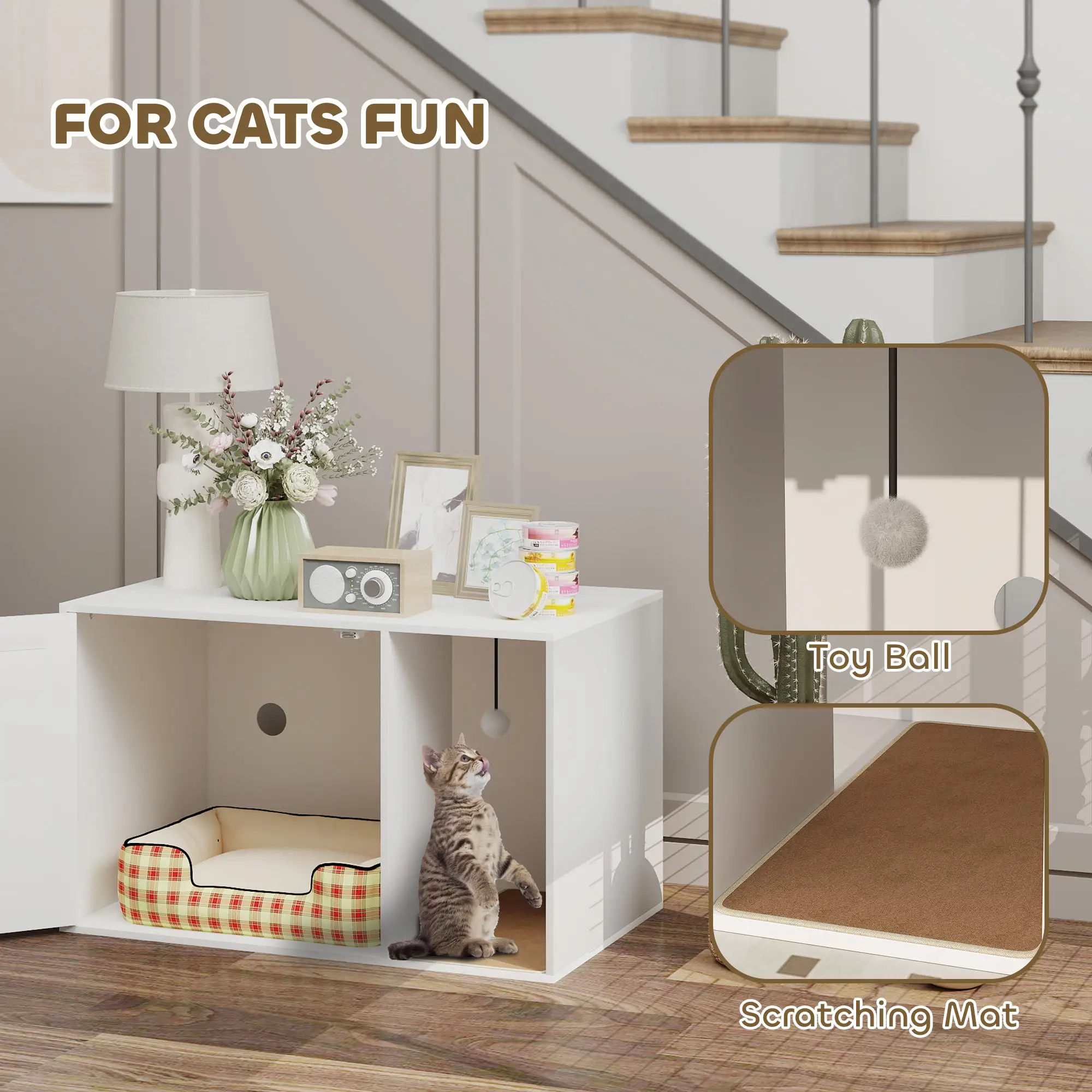 Cat Litter Box Enclosure, End Side Table with Rattan Door, Scratching Pad, White - Image 7