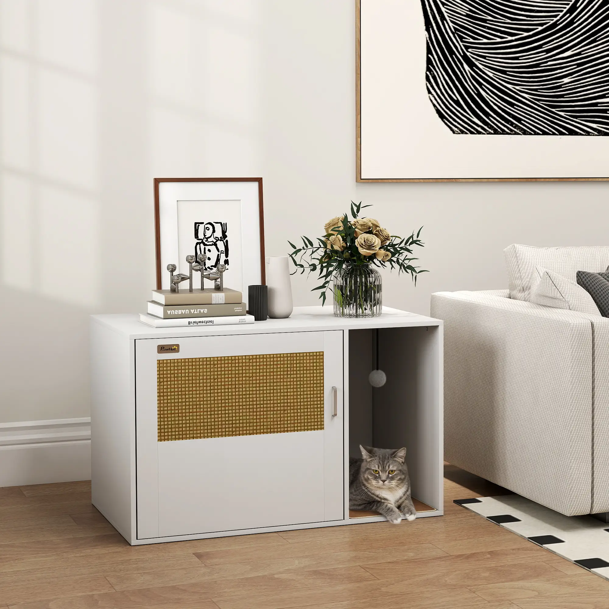Cat Litter Box Enclosure, End Side Table with Rattan Door, Scratching Pad, White - Image 8