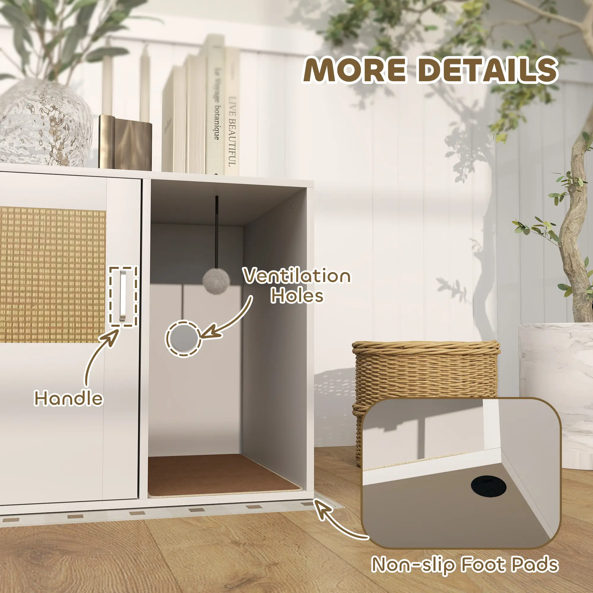 Cat Litter Box Enclosure, End Side Table with Rattan Door, Scratching Pad, White - Image 9