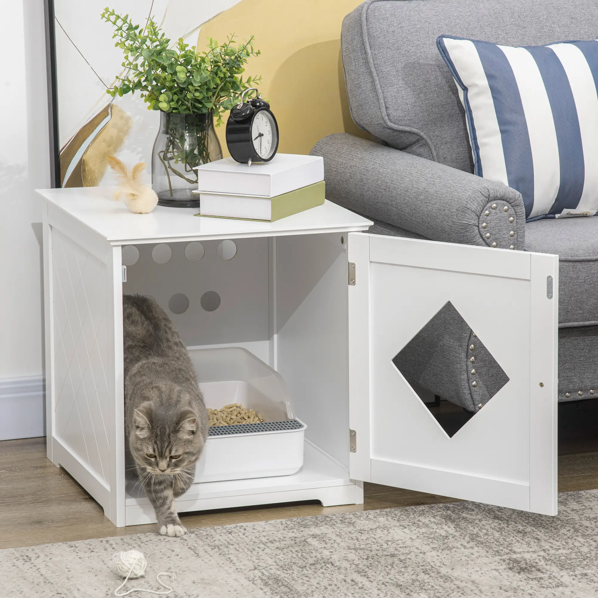 Cat Litter Box Enclosure End Table, Indoor Washroom with Magnetic Door, White - Image 2