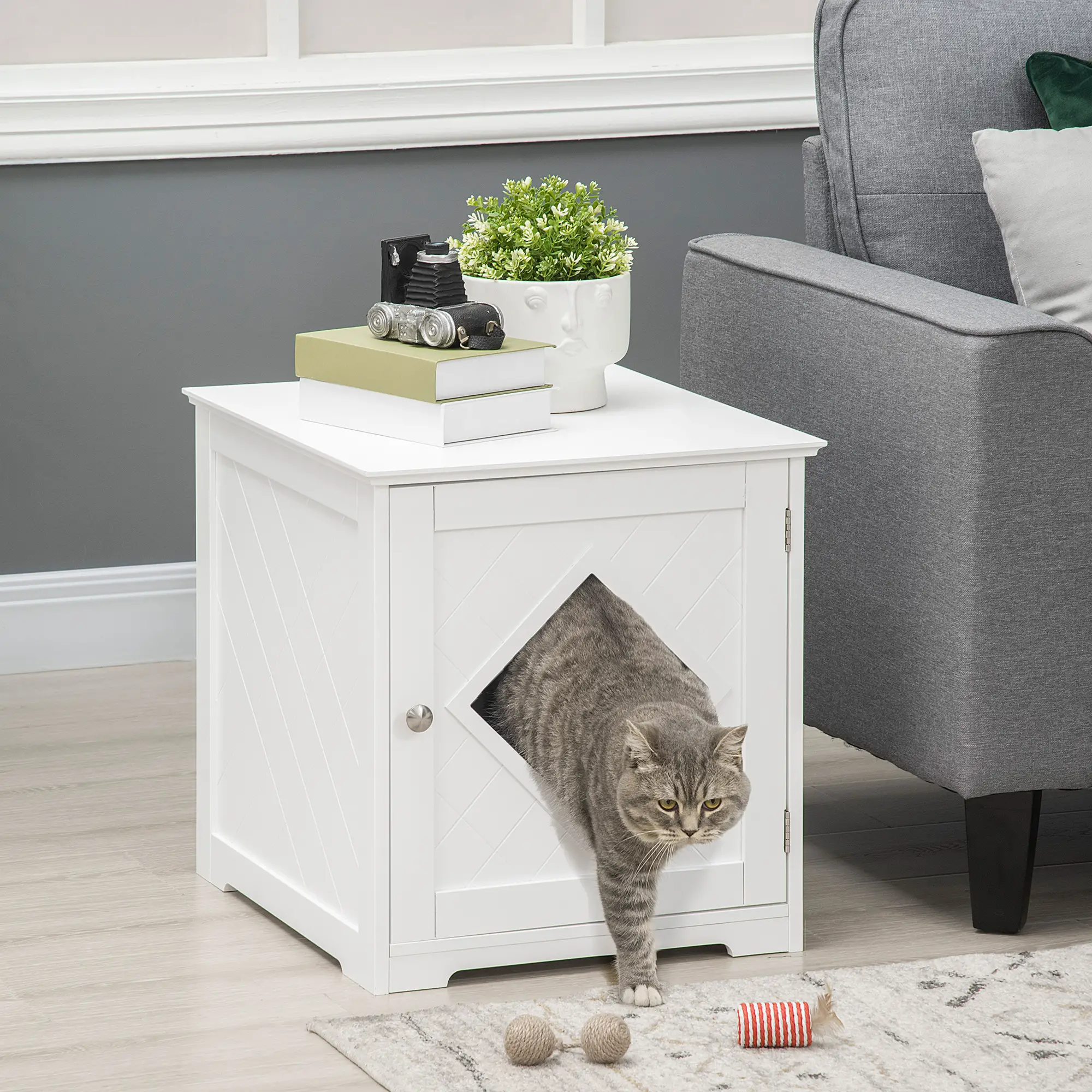 Cat Litter Box Enclosure End Table, Indoor Washroom with Magnetic Door, White - Image 8