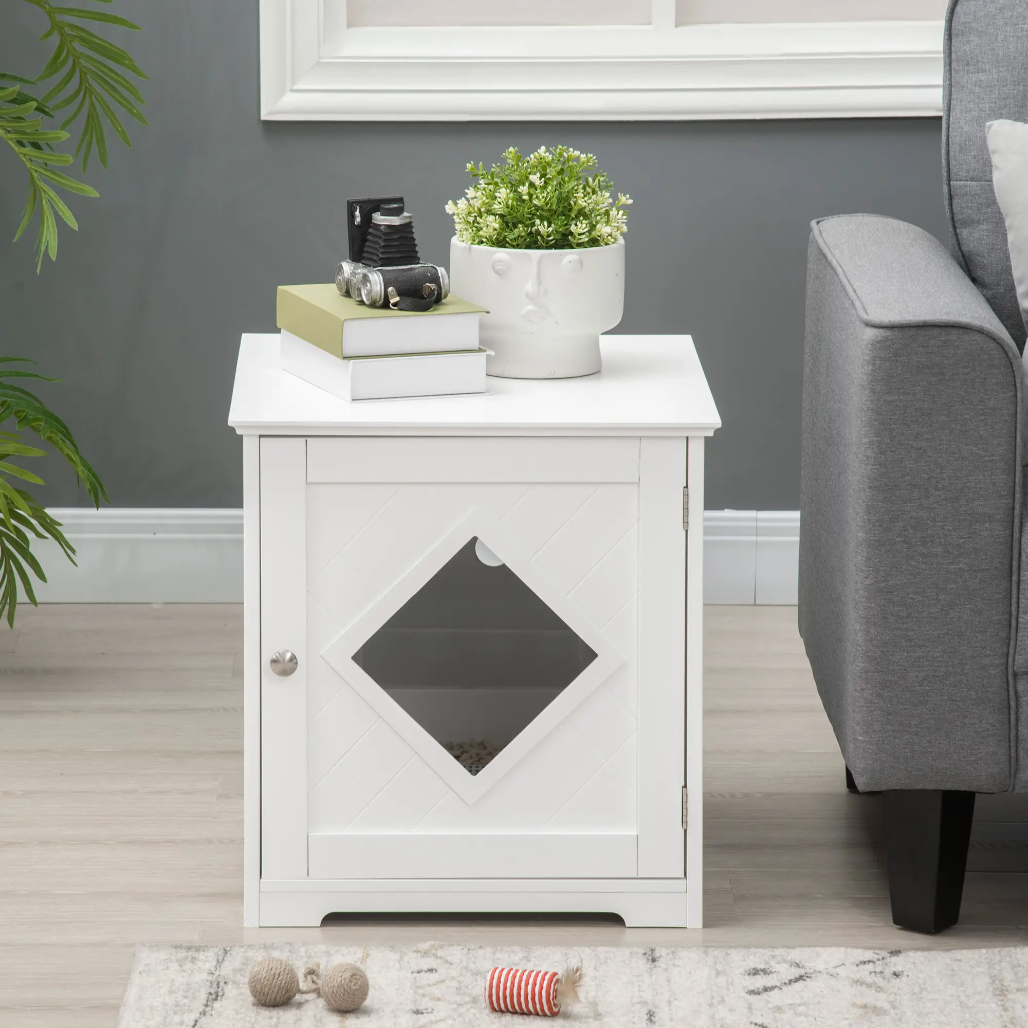 Cat Litter Box Enclosure End Table, Indoor Washroom with Magnetic Door, White - Image 9