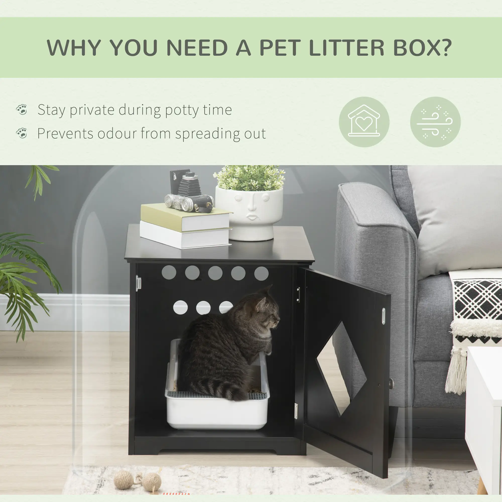 Cat Litter Box Enclosure End Table, Indoor with Magnetic Door, Black - Image 5