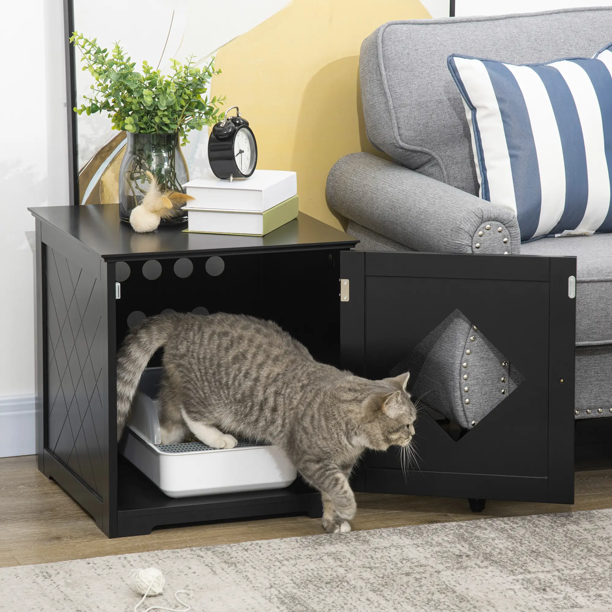 Cat Litter Box Enclosure End Table, Indoor with Magnetic Door, Black - Image 8