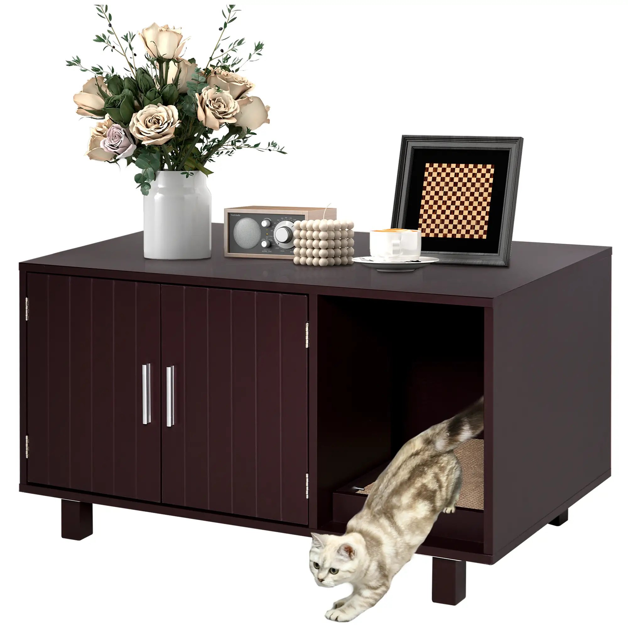 Cat Litter Box Enclosure, Hidden Furniture, End Table with Scratching Pad, Brown
