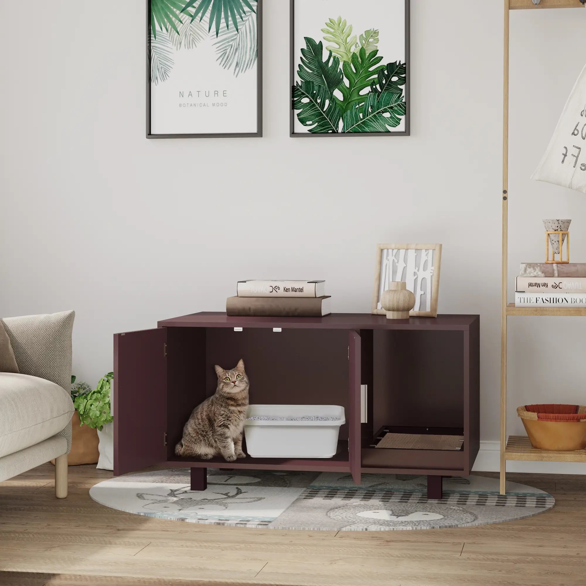 Cat Litter Box Enclosure, Hidden Furniture, End Table with Scratching Pad, Brown - Image 2