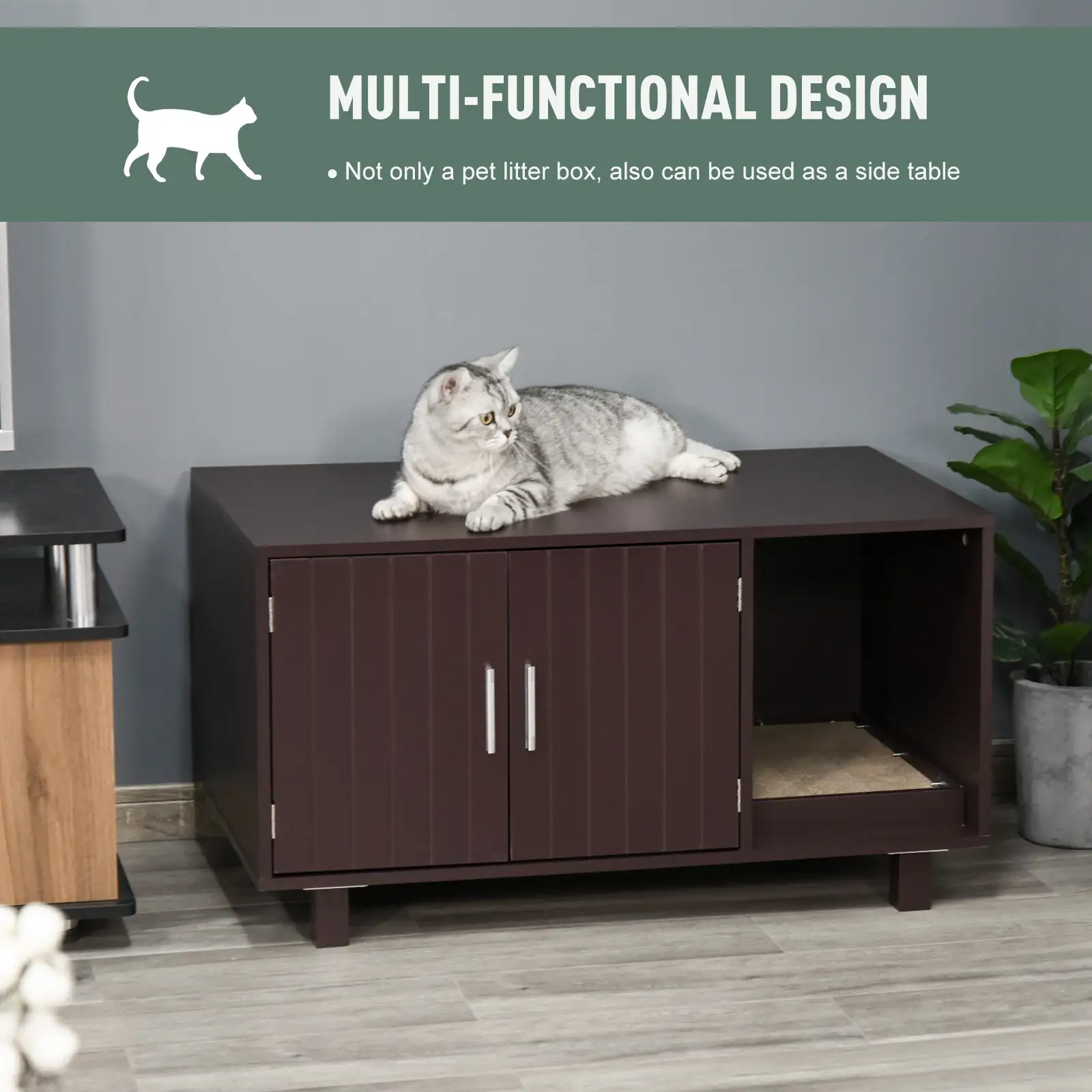 Cat Litter Box Enclosure, Hidden Furniture, End Table with Scratching Pad, Brown - Image 4