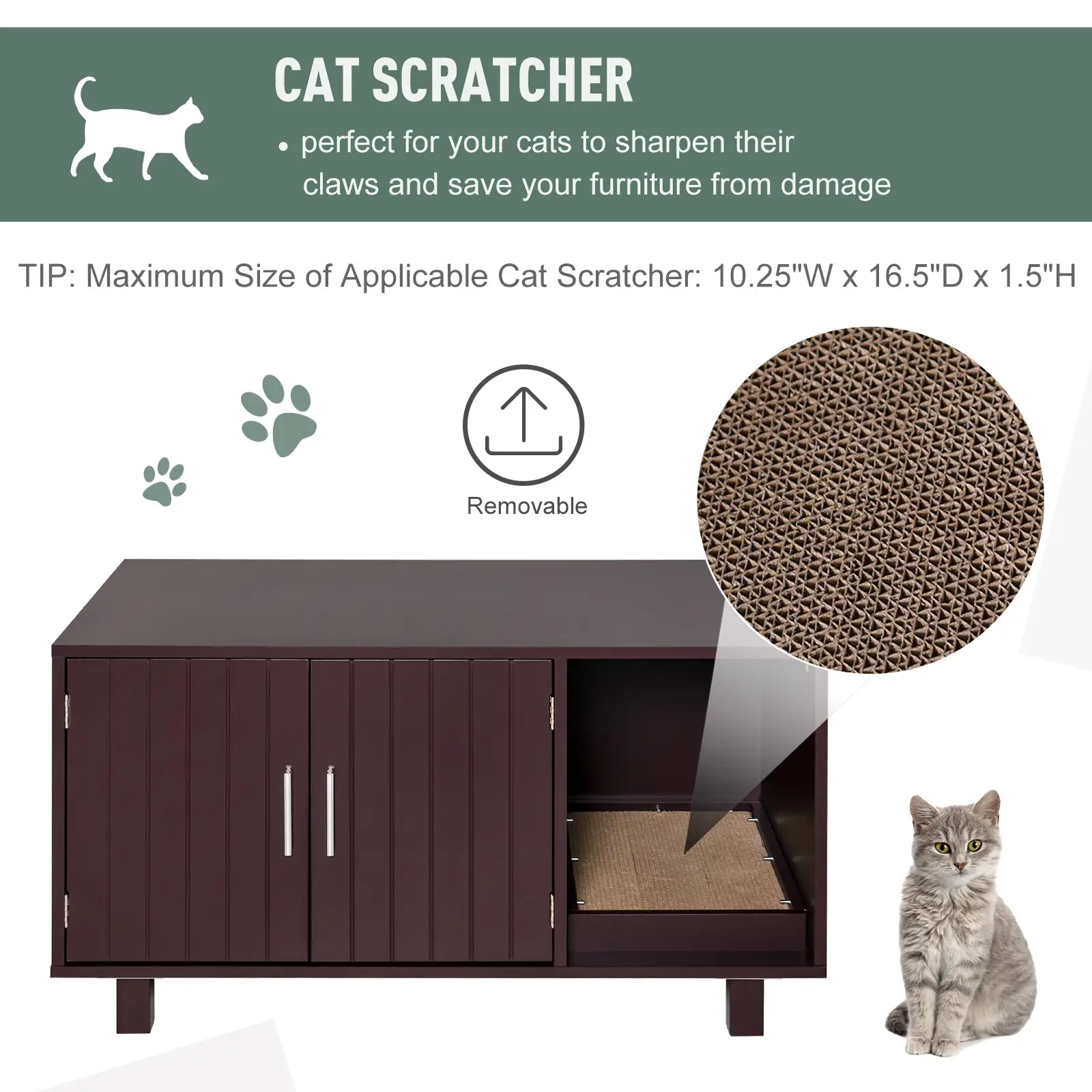 Cat Litter Box Enclosure, Hidden Furniture, End Table with Scratching Pad, Brown - Image 5
