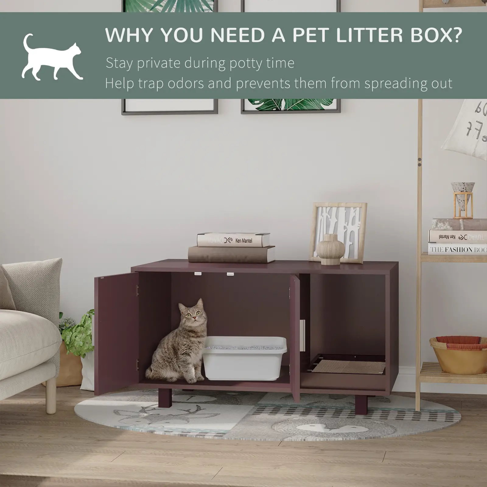 Cat Litter Box Enclosure, Hidden Furniture, End Table with Scratching Pad, Brown - Image 7