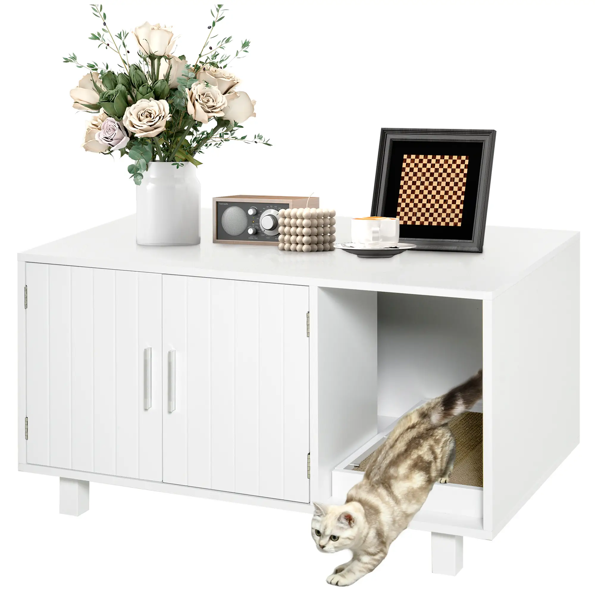 Cat Litter Box Enclosure, Hidden Furniture, End Table with Scratching Pad, White