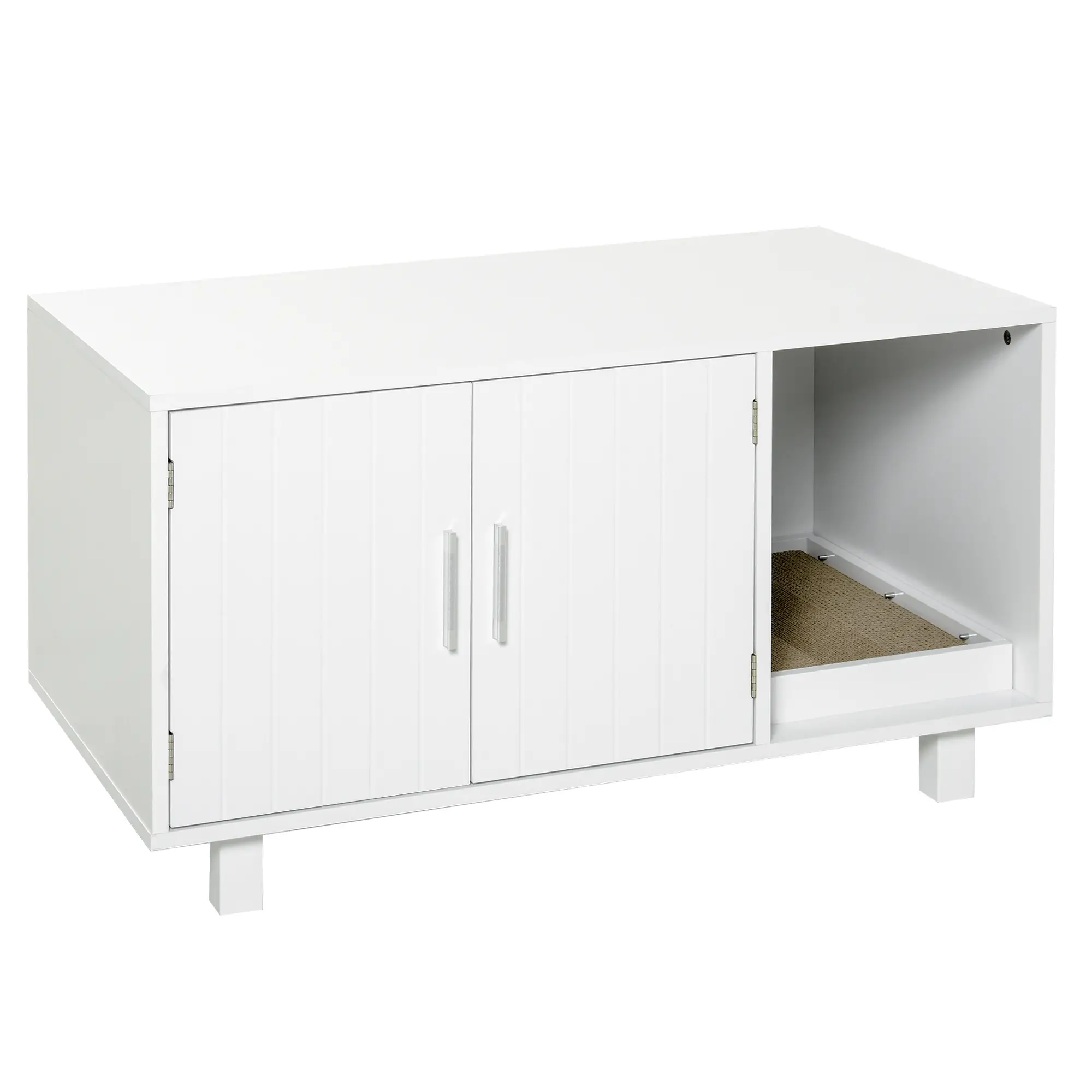 Cat Litter Box Enclosure, Hidden Furniture, End Table with Scratching Pad, White - Image 11