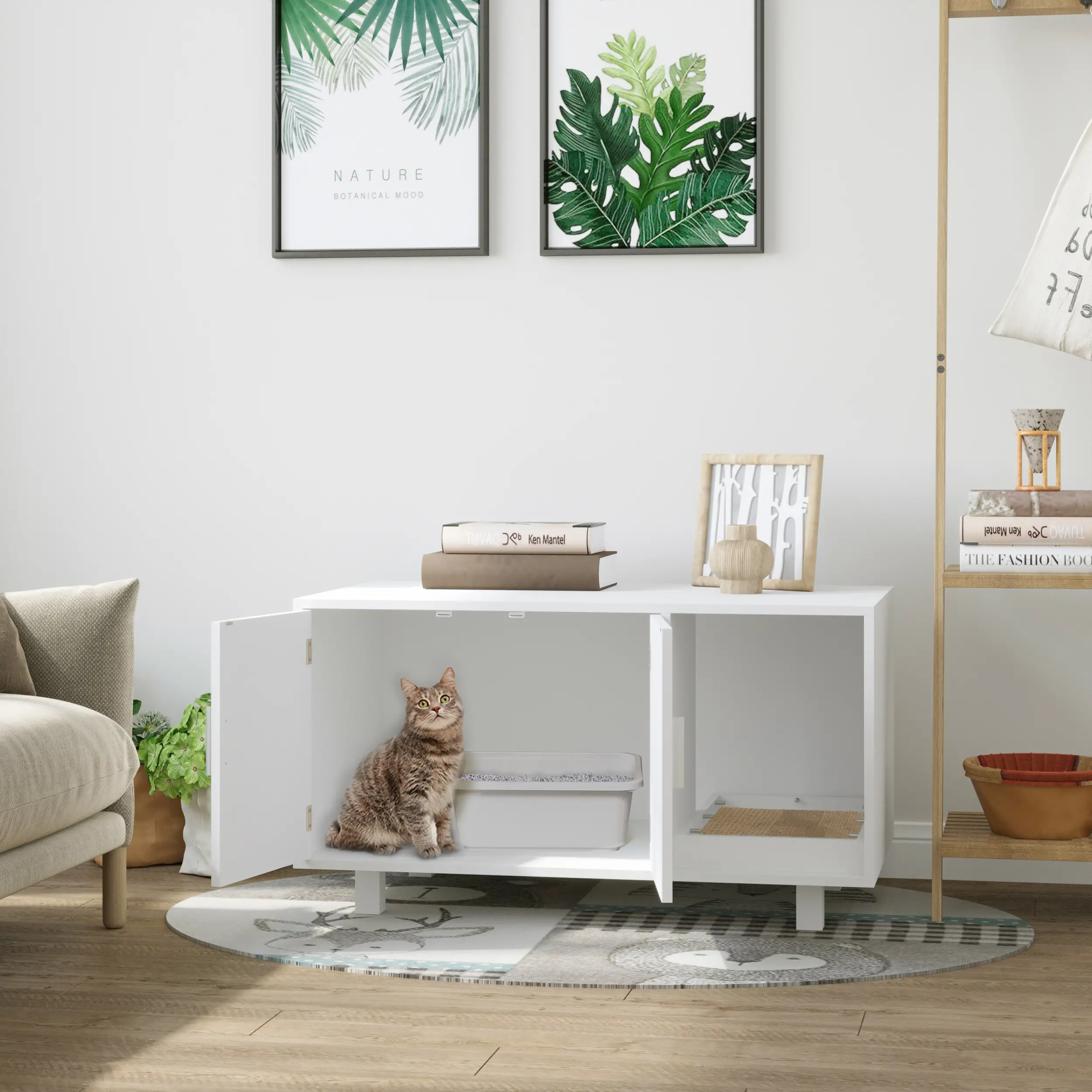 Cat Litter Box Enclosure, Hidden Furniture, End Table with Scratching Pad, White - Image 2