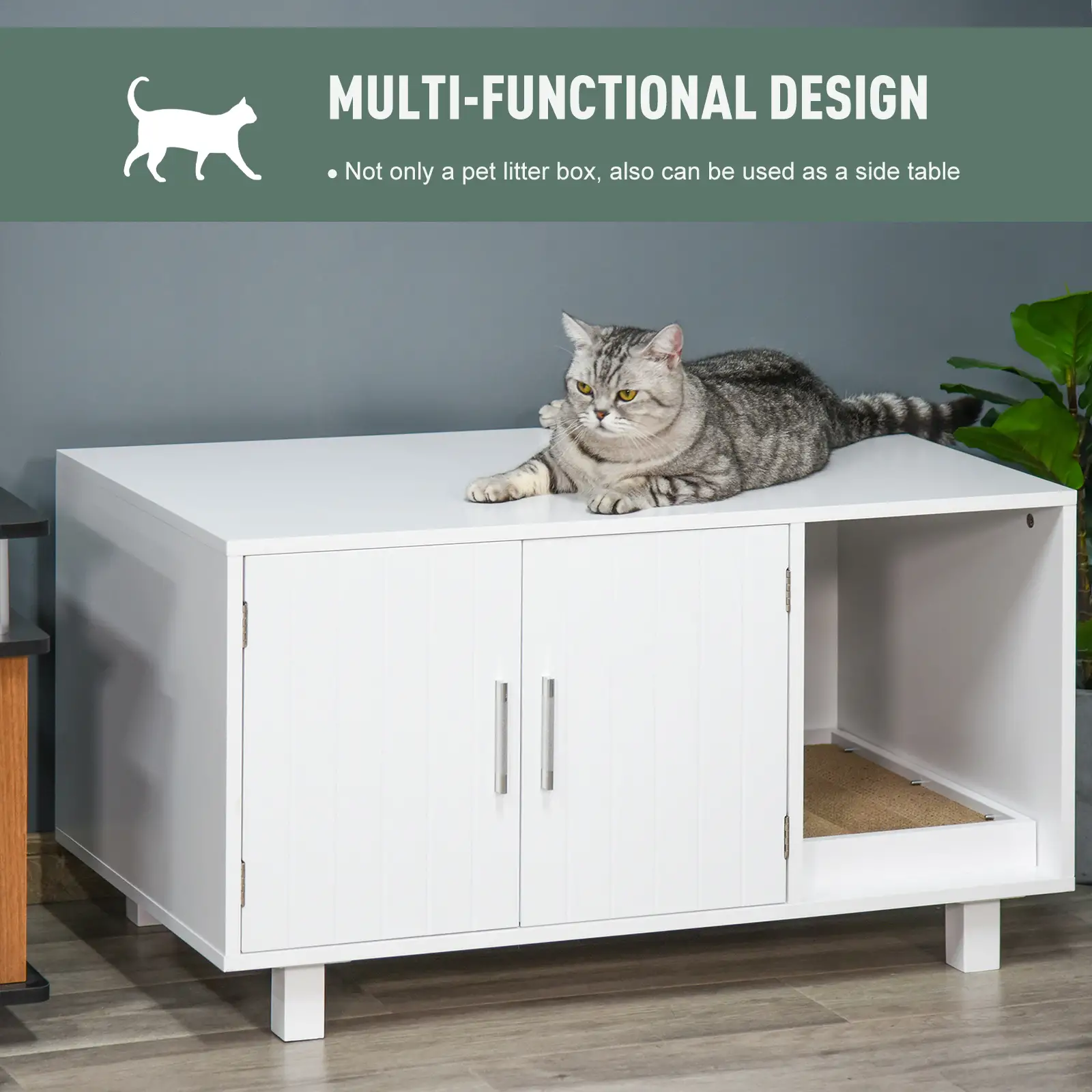 Cat Litter Box Enclosure, Hidden Furniture, End Table with Scratching Pad, White - Image 4