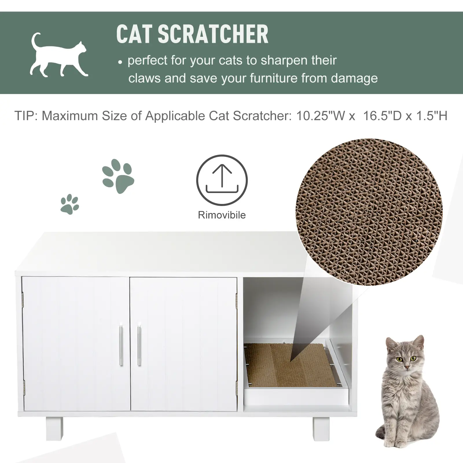 Cat Litter Box Enclosure, Hidden Furniture, End Table with Scratching Pad, White - Image 5