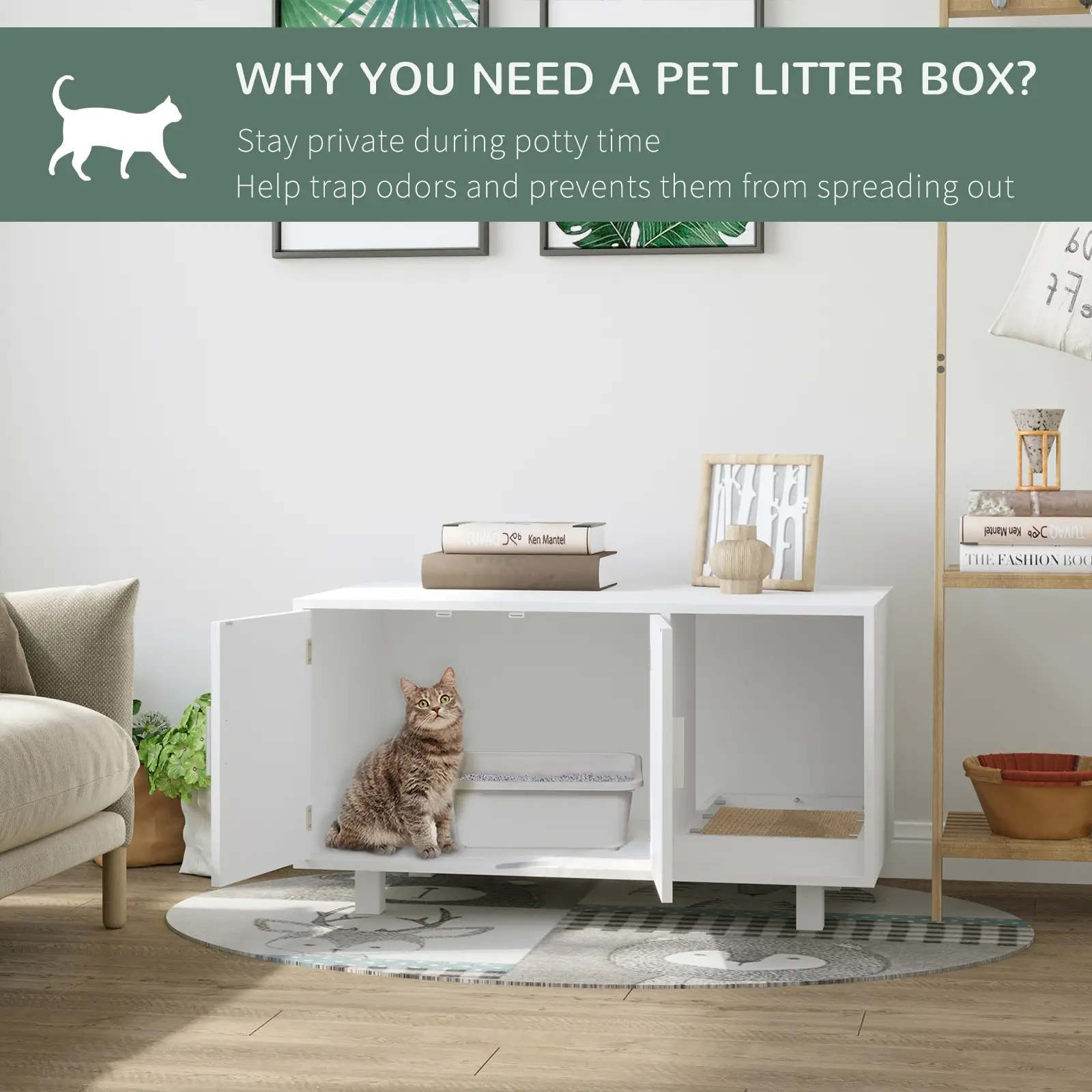 Cat Litter Box Enclosure, Hidden Furniture, End Table with Scratching Pad, White - Image 7