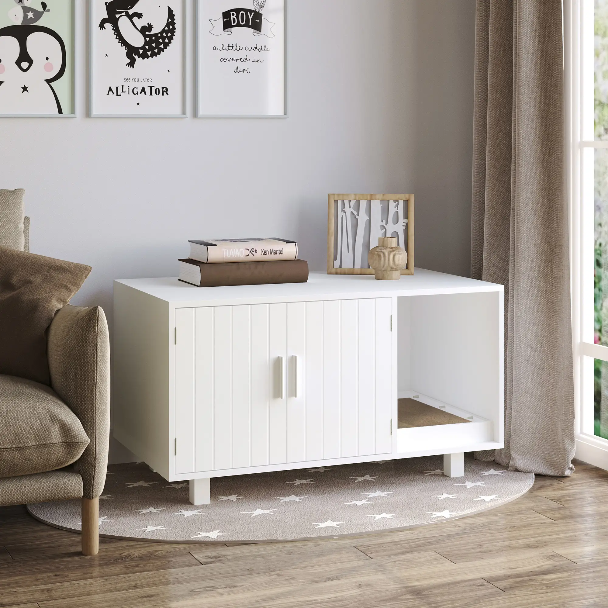 Cat Litter Box Enclosure, Hidden Furniture, End Table with Scratching Pad, White - Image 8