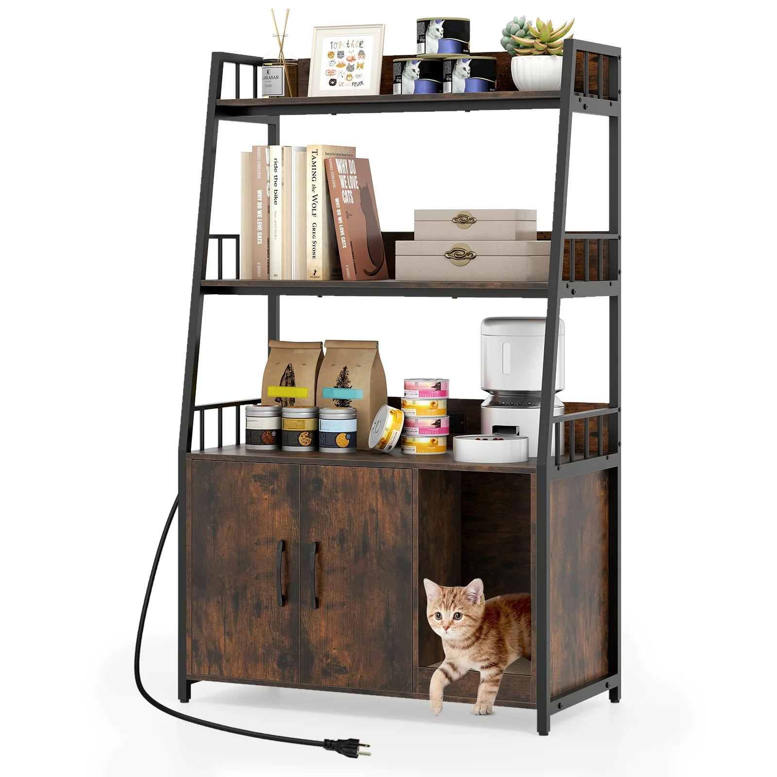 Cat Litter Box Enclosure, Storage Shelves, Scratching Pad, Brown - Image 4
