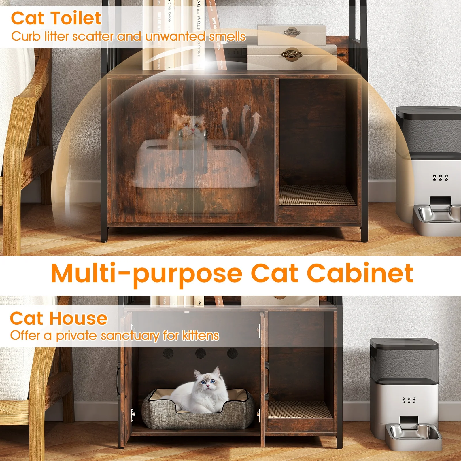 Cat Litter Box Enclosure, Storage Shelves, Scratching Pad, Brown - Image 6