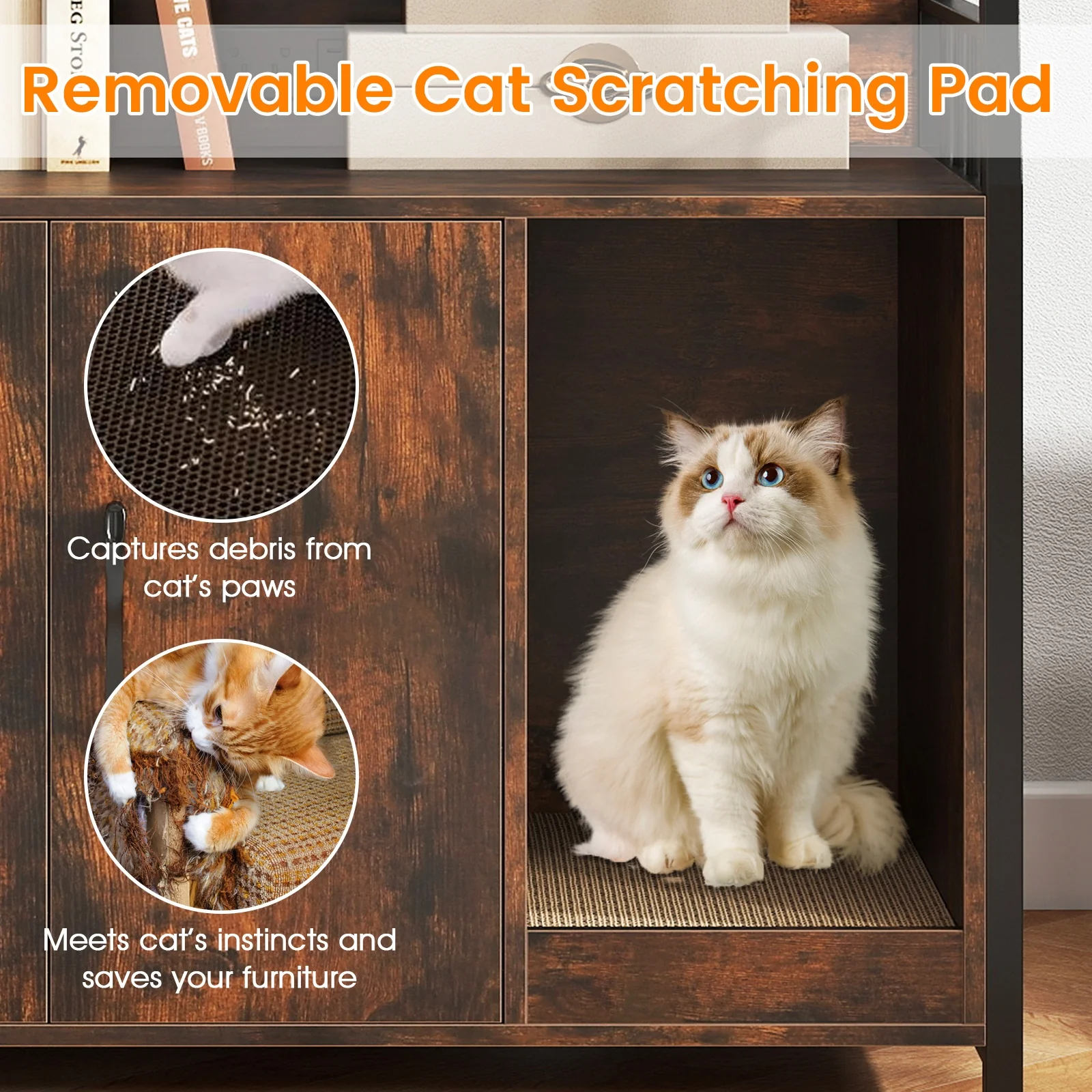 Cat Litter Box Enclosure, Storage Shelves, Scratching Pad, Brown - Image 9