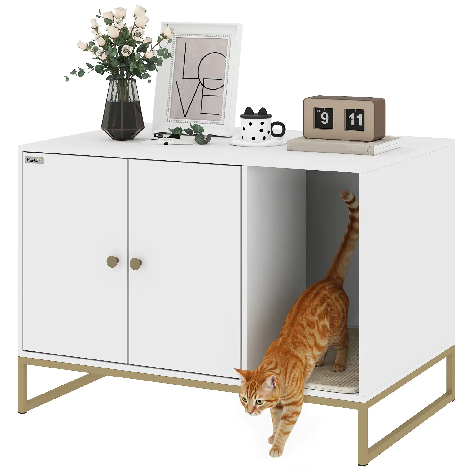 Cat Litter Box Enclosure, Tall Legs, Litter Mat, 31.5" x 20" x 22", White - Image 11