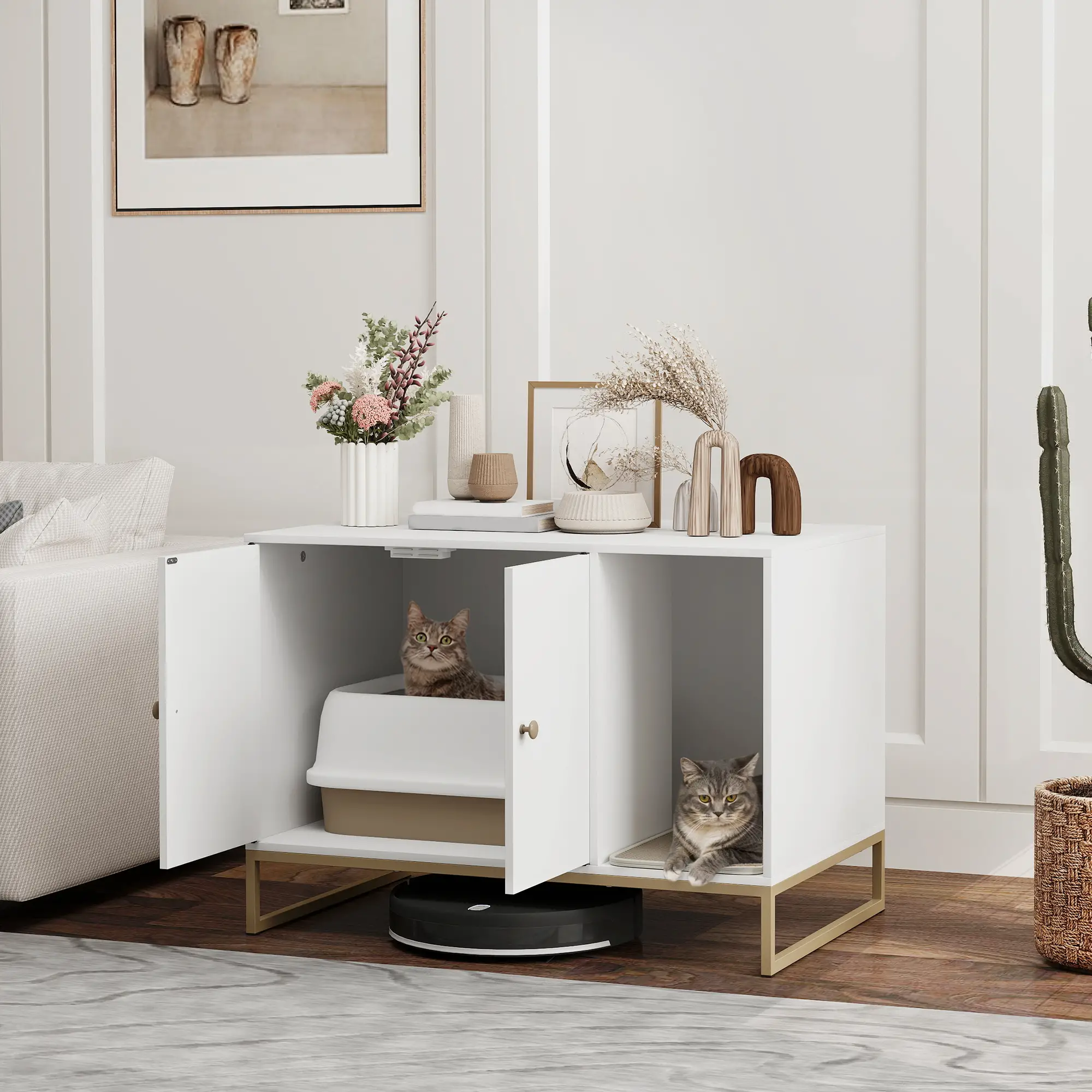 Cat Litter Box Enclosure, Tall Legs, Litter Mat, 31.5" x 20" x 22", White - Image 2