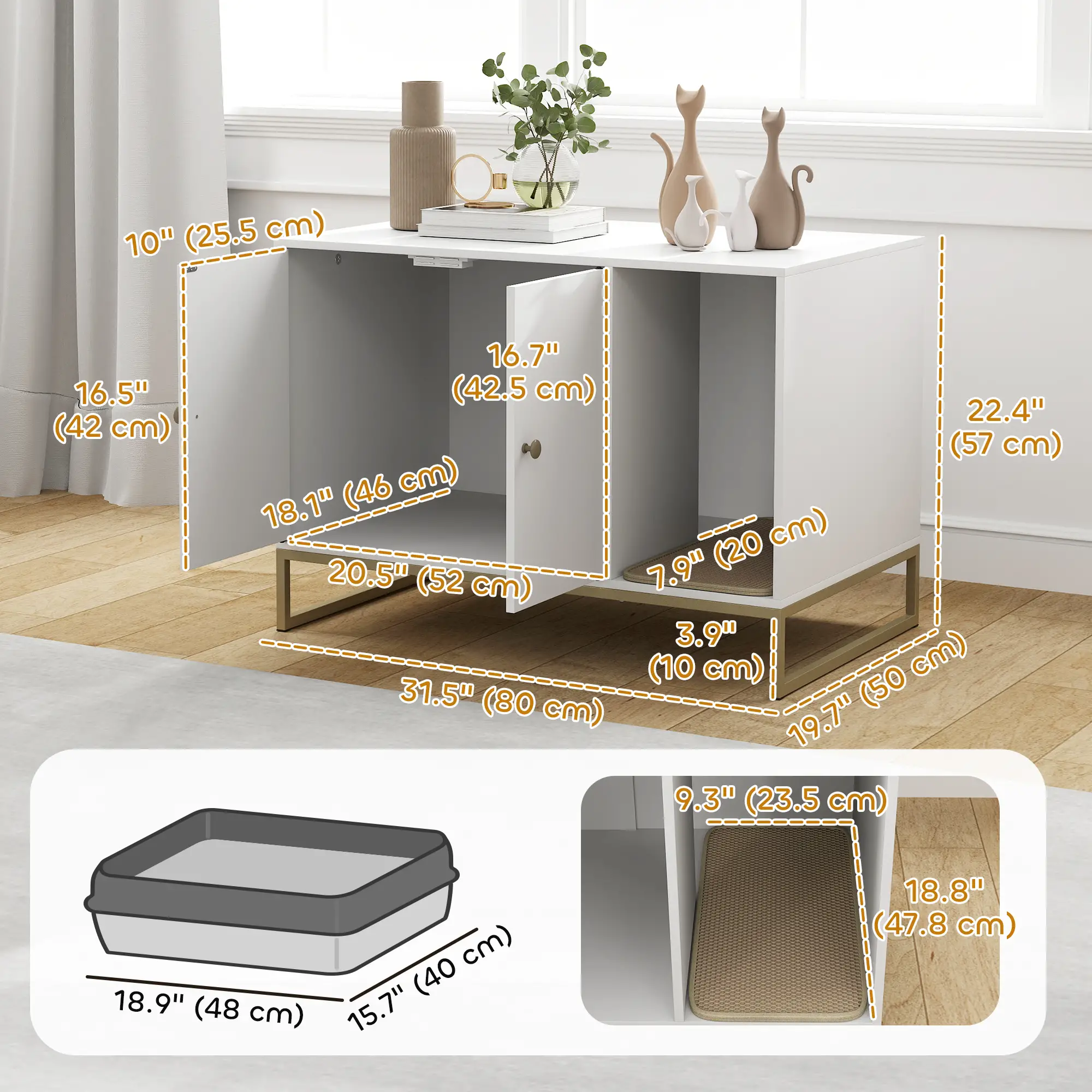 Cat Litter Box Enclosure, Tall Legs, Litter Mat, 31.5" x 20" x 22", White - Image 3