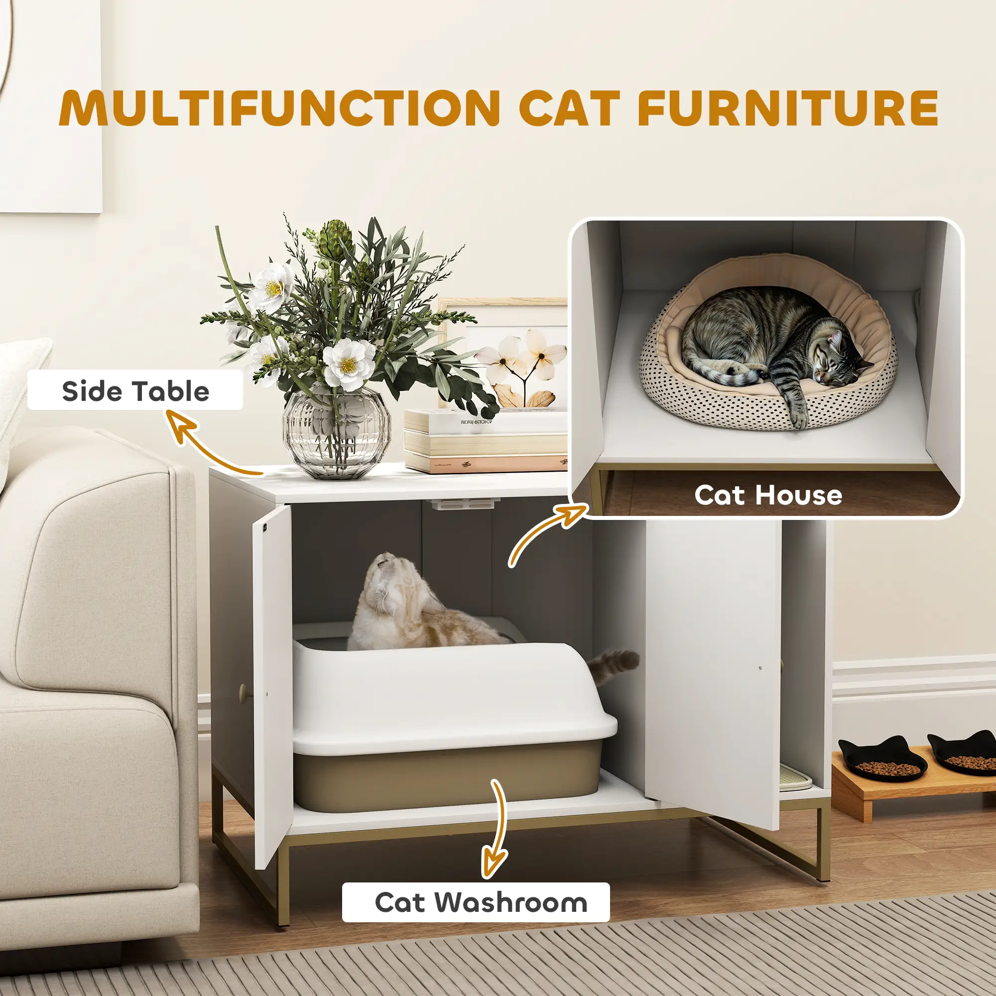 Cat Litter Box Enclosure, Tall Legs, Litter Mat, 31.5" x 20" x 22", White - Image 4