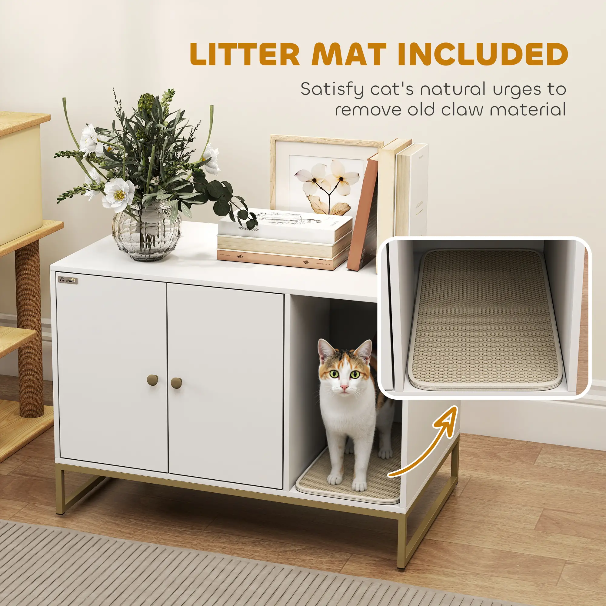 Cat Litter Box Enclosure, Tall Legs, Litter Mat, 31.5" x 20" x 22", White - Image 6