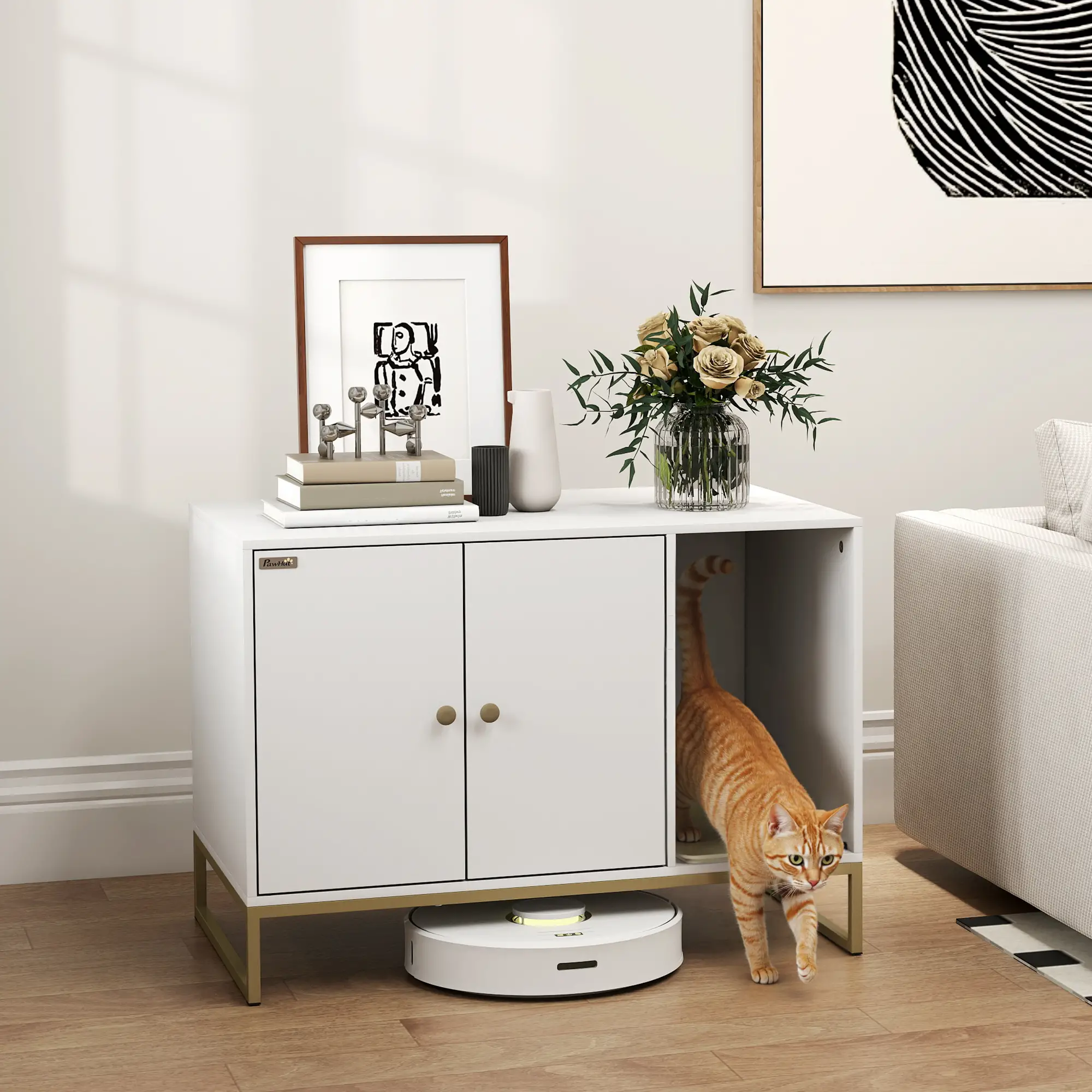 Cat Litter Box Enclosure, Tall Legs, Litter Mat, 31.5" x 20" x 22", White - Image 8